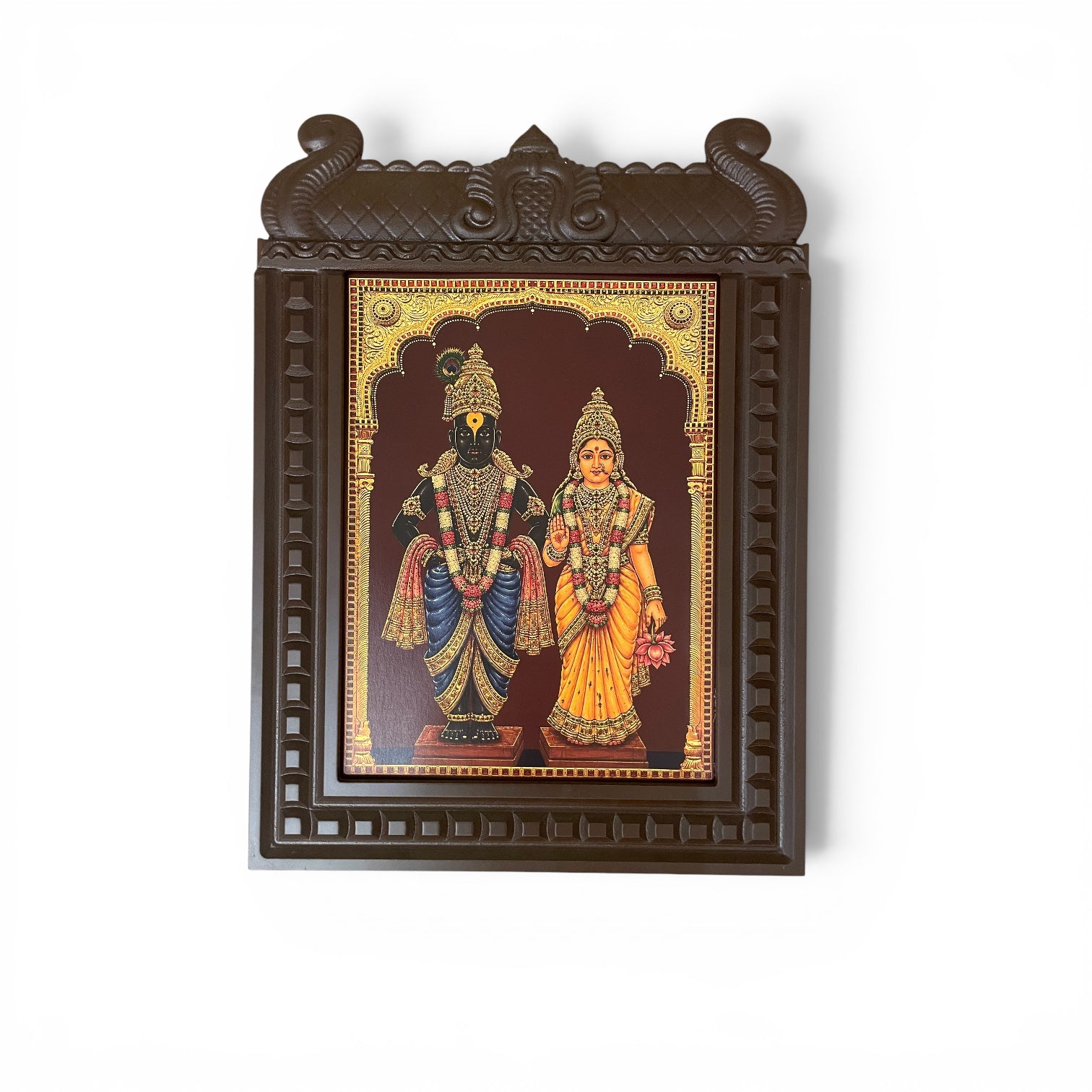 Vitthal Rukmini Gold Leaf Artwork Engineered Wood Temple Frame | Premium Wooden Wall Decor for Pooja Room | Luxury Hindu Divine Wall Art