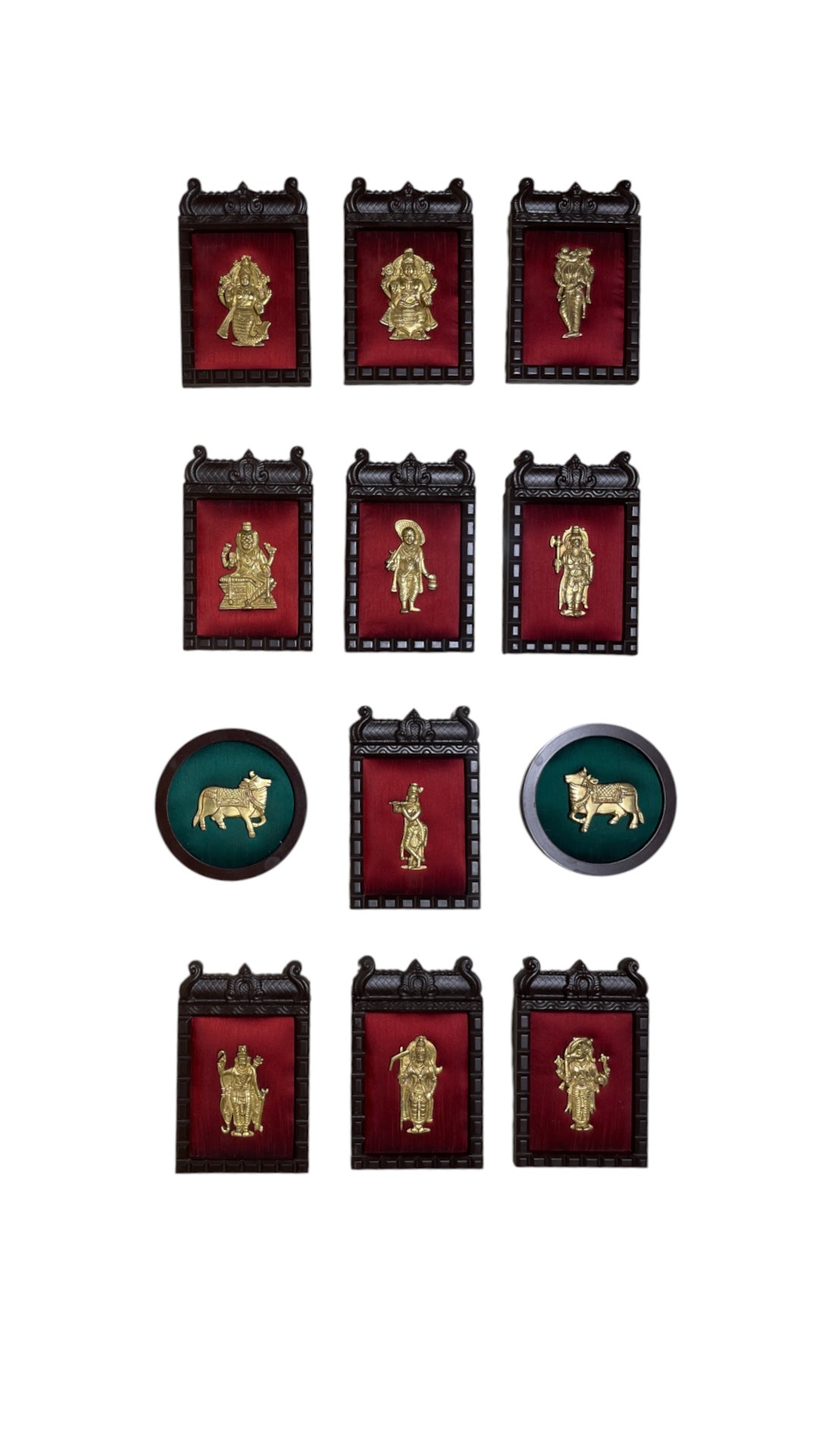 Brass Dashavatara & Kamadhenu Wall Art | Wine Red Silk | Temple Frame