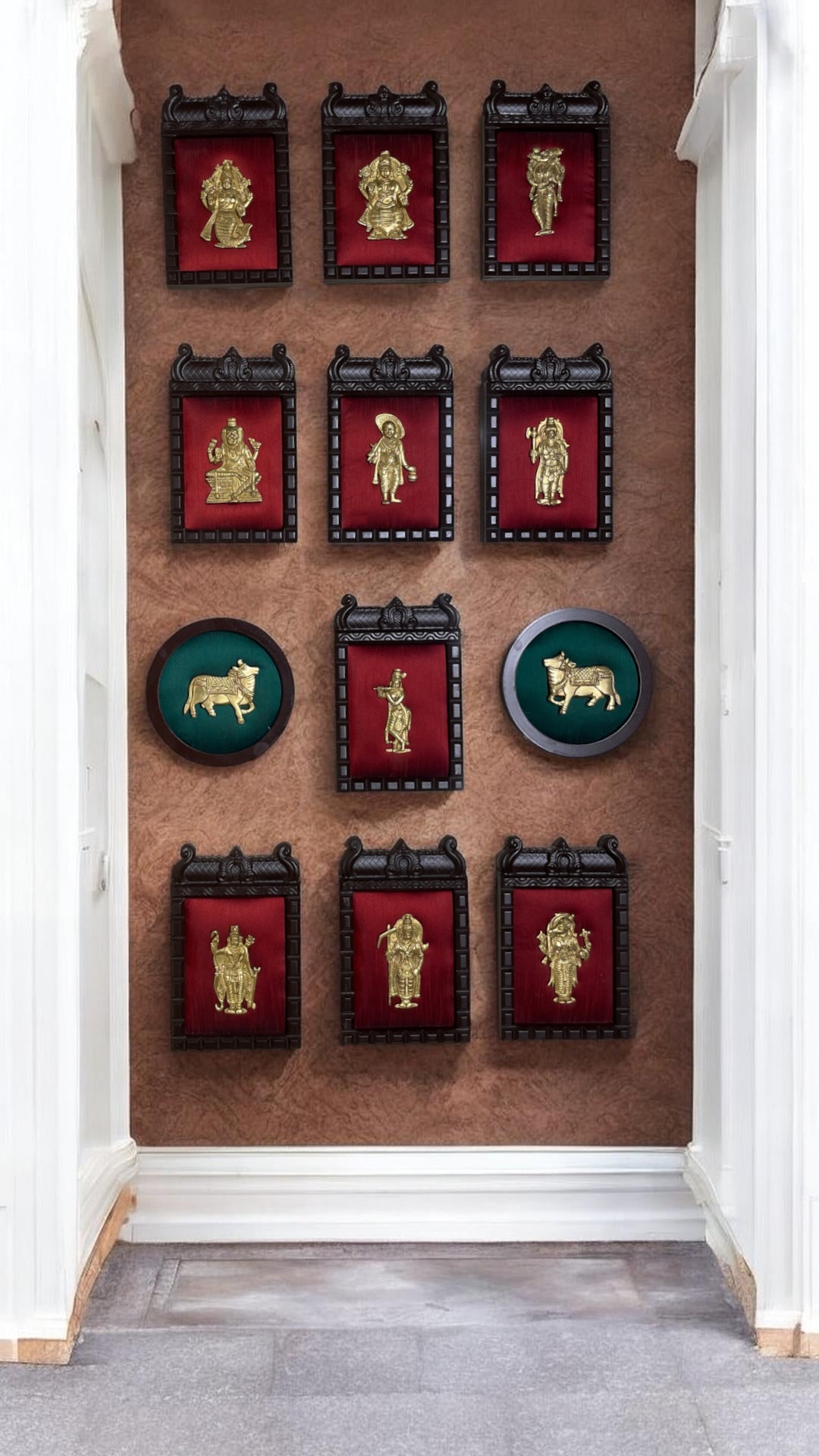 Brass Dashavatara & Kamadhenu Wall Art | Wine Red Silk | Temple Frame