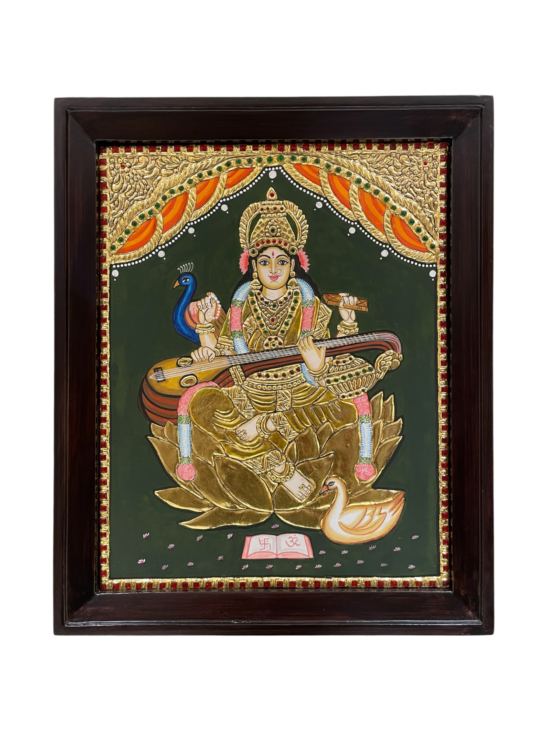 Saraswati Tanjore Painting | Gold Leaf Art with Premium Rosewood Frame