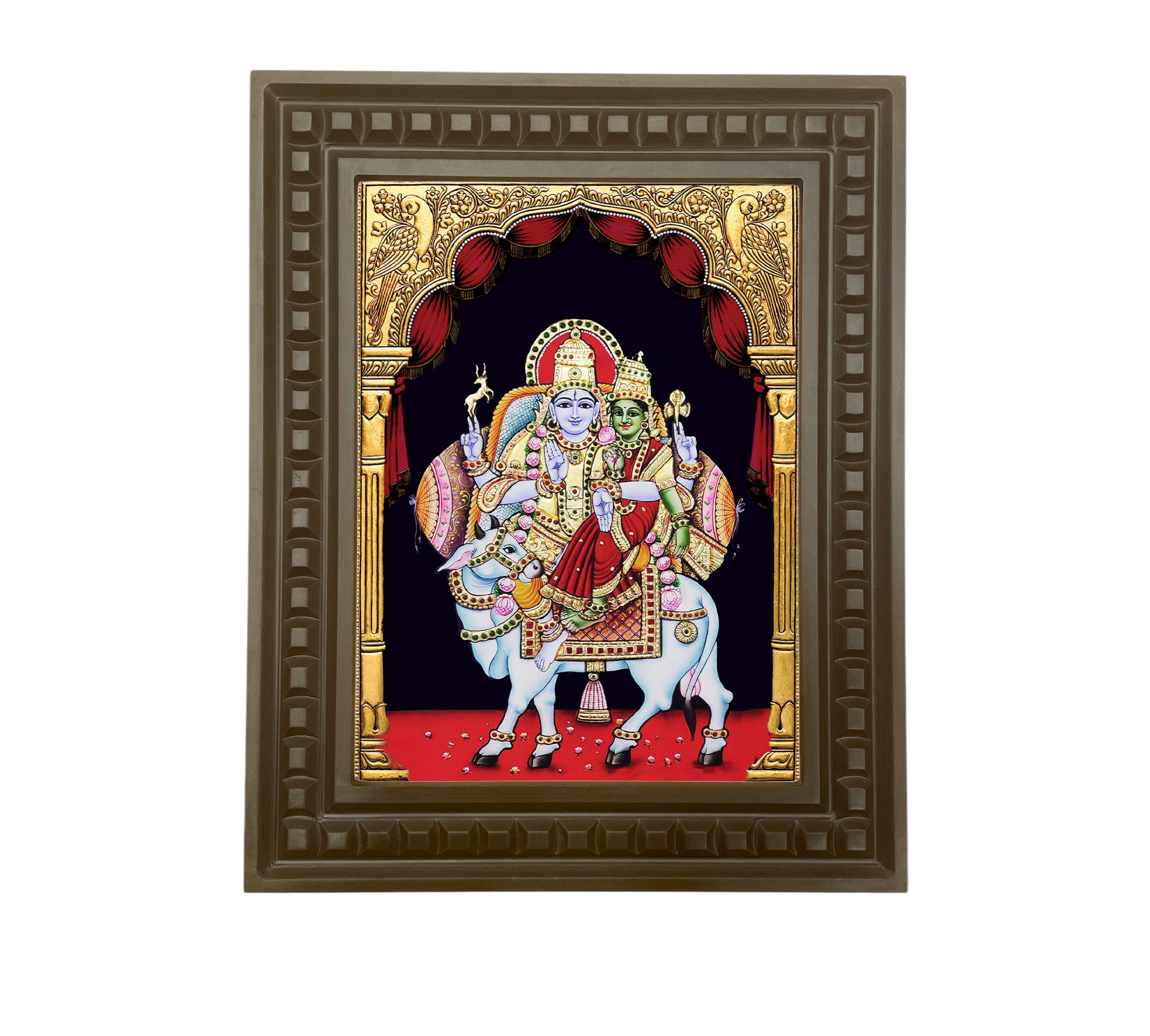 Shiva -Parvati On Nandi gold leafed art within a wooden frame