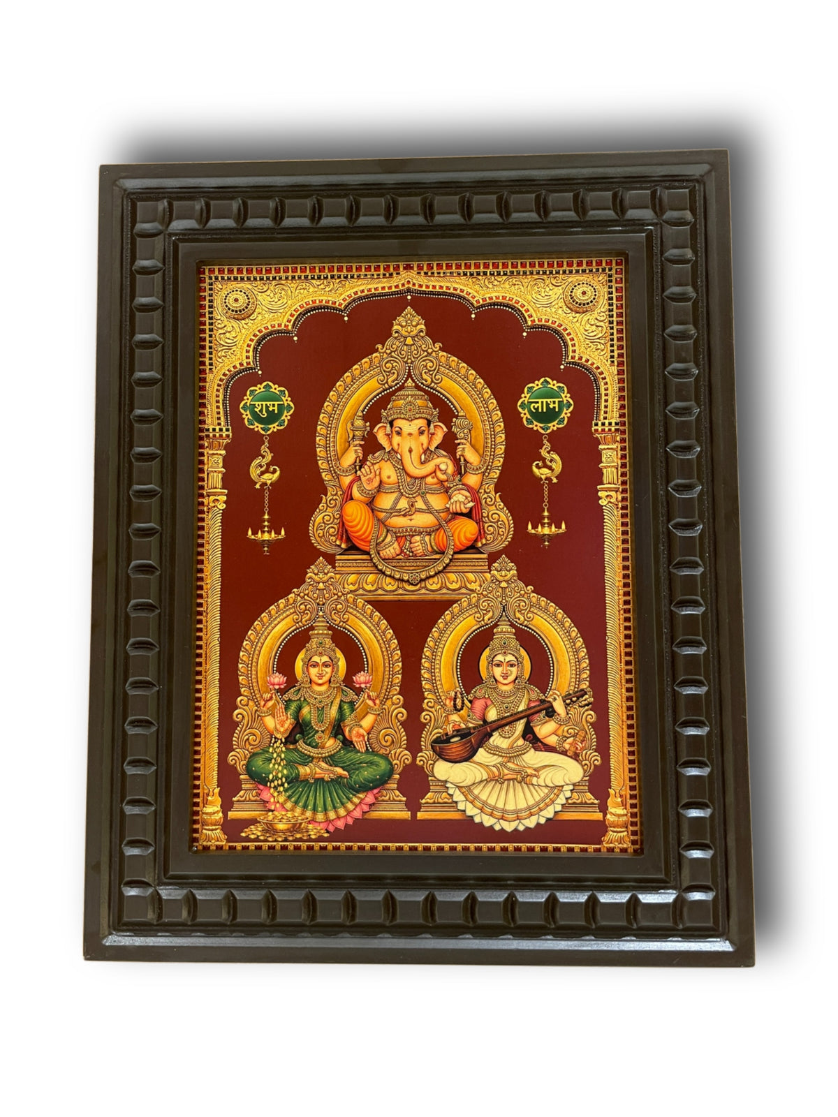 3 Gods in One Frame Gold Leaf Art | Ganesha, Lakshmi & Saraswati | Waterproof Wooden Frame – Estudio