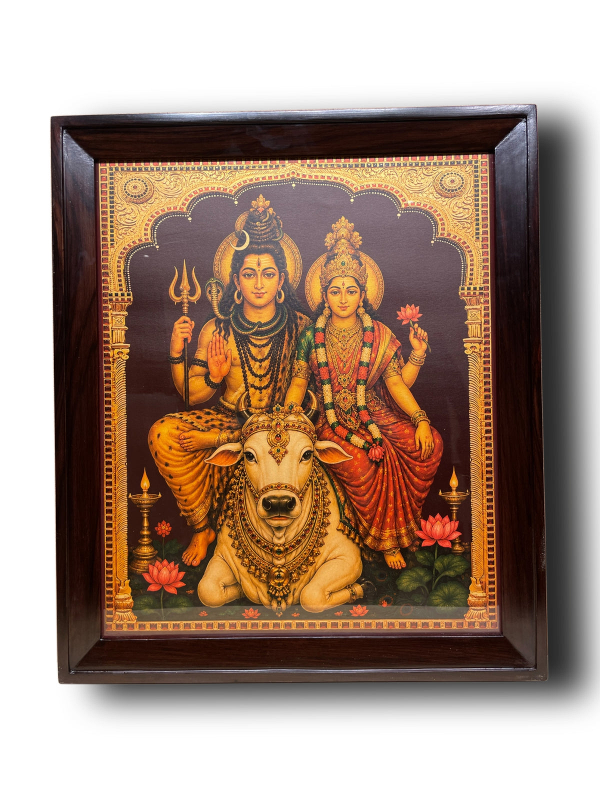 Shiva Parvati Gold Leaf Art with Nandi | Luxury Pooja Room Décor | Premium Rosewood Frame | Made by Estudio