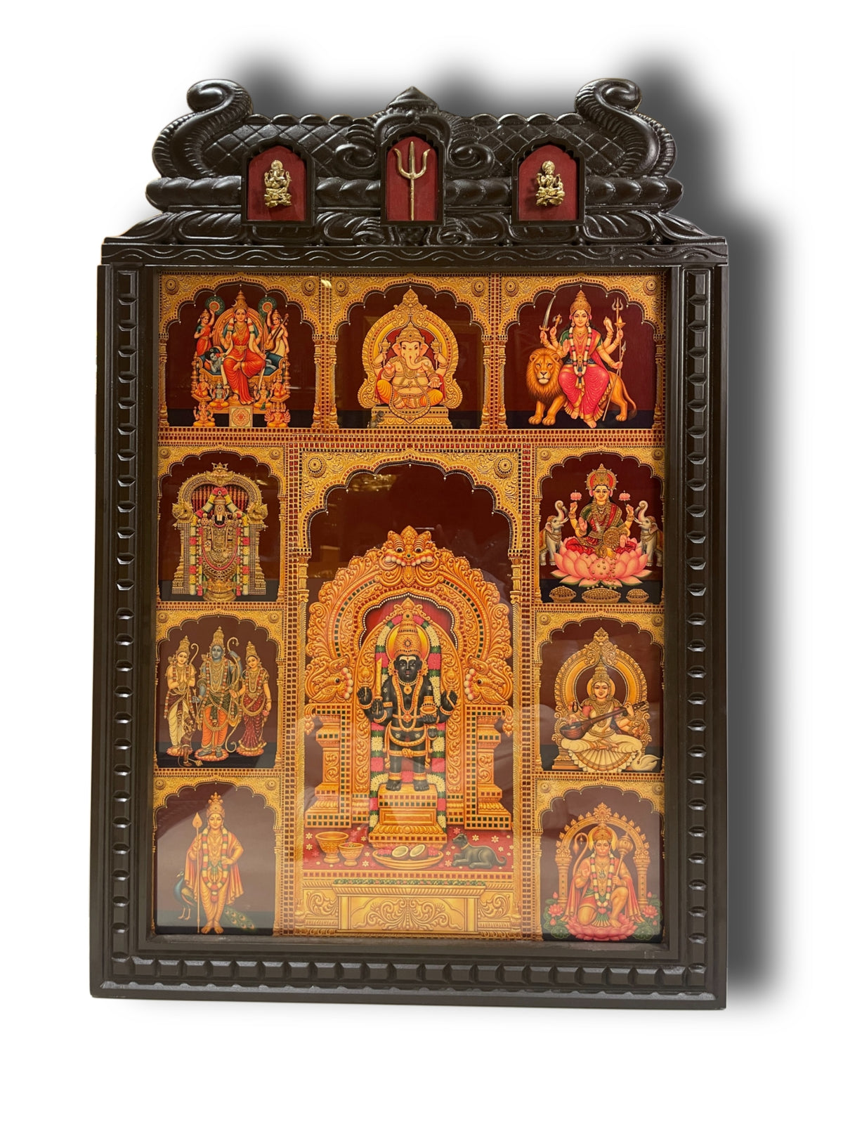Kalabhairava Premium Gold Leaf Artwork with Ganesha, Saraswati & Trishulam | Traditional Temple Style Engineered Wooden Frame | Made by ESTUDIO