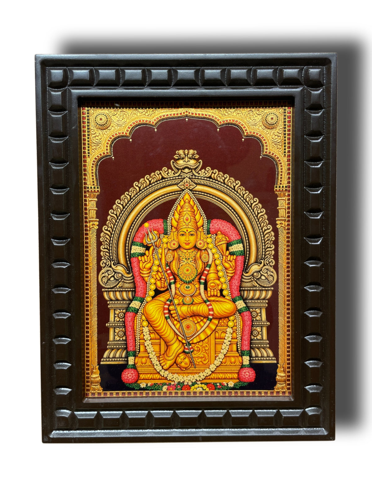 Goddess Abirami Meenakshi Amman Gold Leaf Art | Premium Waterproof Engineered Wooden Frame | Divine Pooja Room Wall Art | Made by Estudio