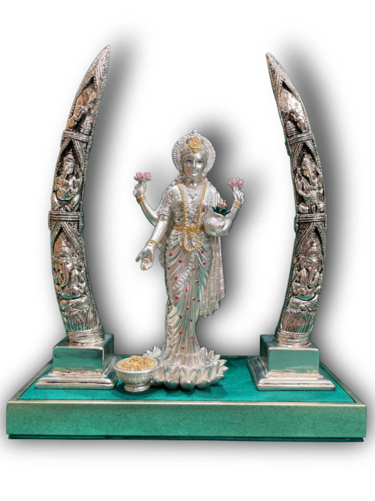 92.5% STERLING SILVER PLATED LAKSHMI DEVI ON LOTUS WITH MUSICAL GANESHA TUSK SET | LUXURY DIVINE DÉCOR BY ESTUDIO