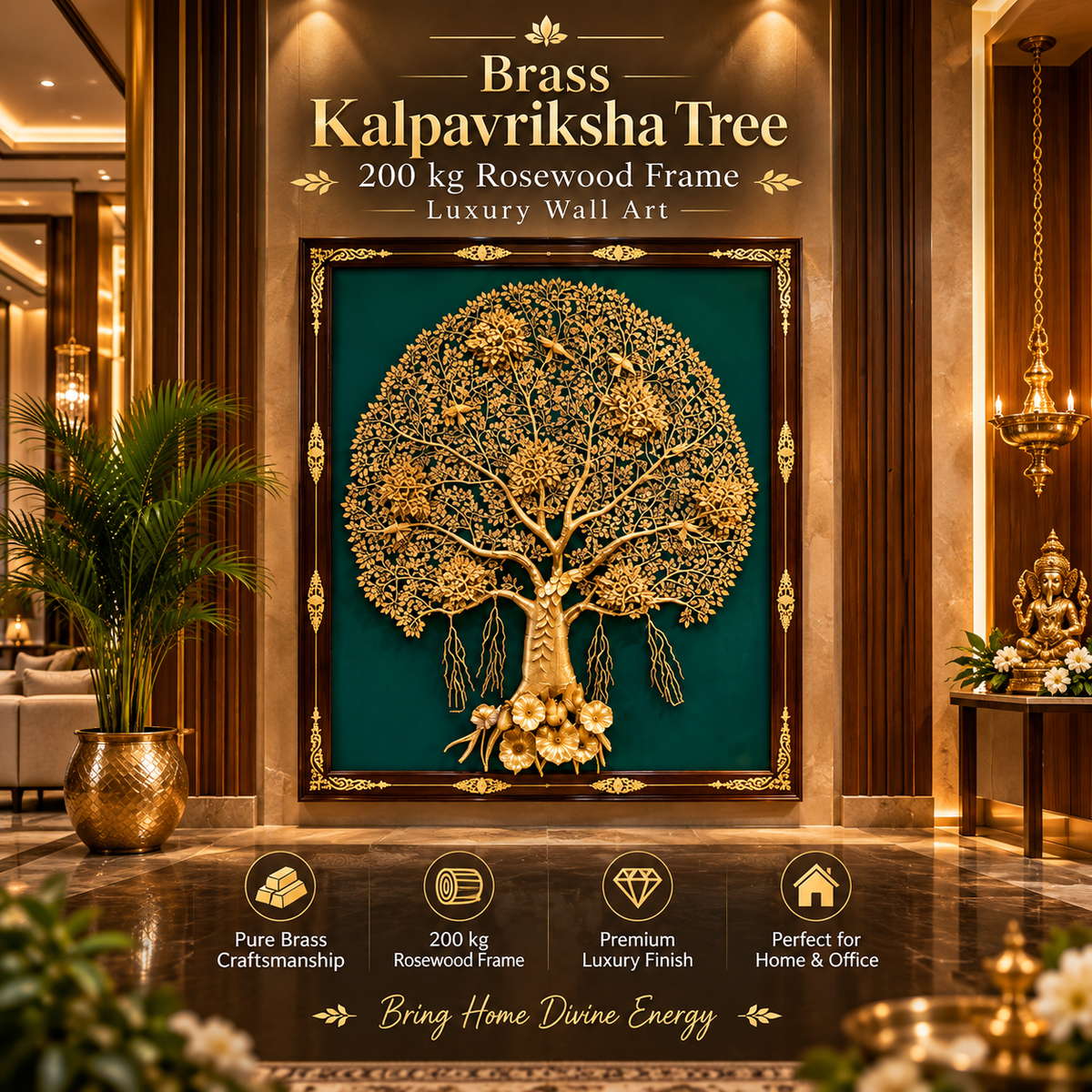 Premium Brass Kalpavriksha Tree | 200 KG Brass, 6 Birds & Rosewood Frame Luxury Wall Art