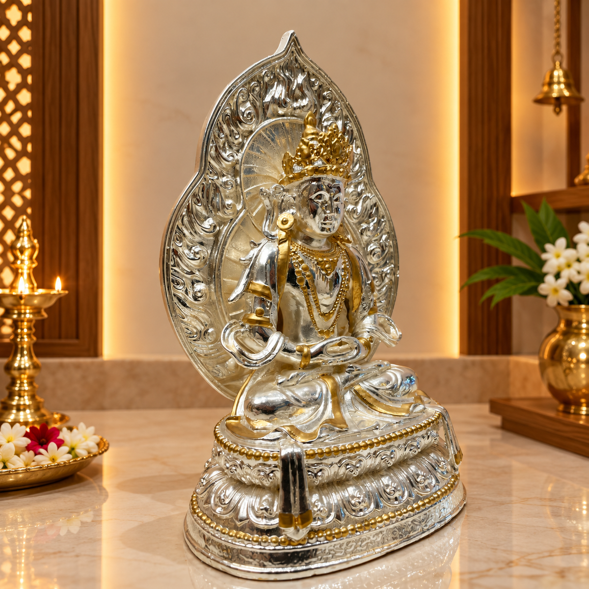 Premium Silver Plated Manipura Chakra Buddha Idol | Luxury Spiritual Decor