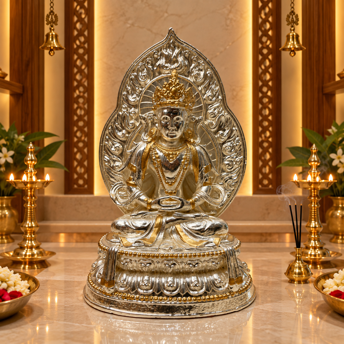 Premium Silver Plated Manipura Chakra Buddha Idol | Luxury Spiritual Decor