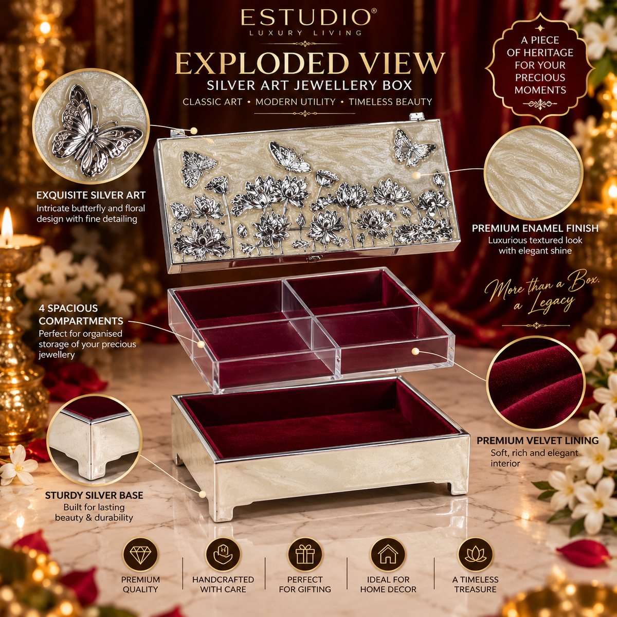 Silver Plated Butterfly Flowers Jewelry Box | Made by ESTUDIO