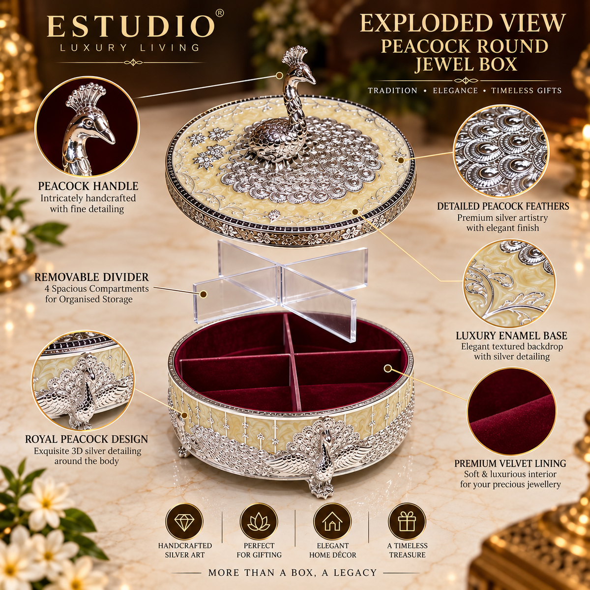 ✨ Pure Radiance: Sterling Silver Peacock Jewelry Box | Made by ESTUDIO ✨