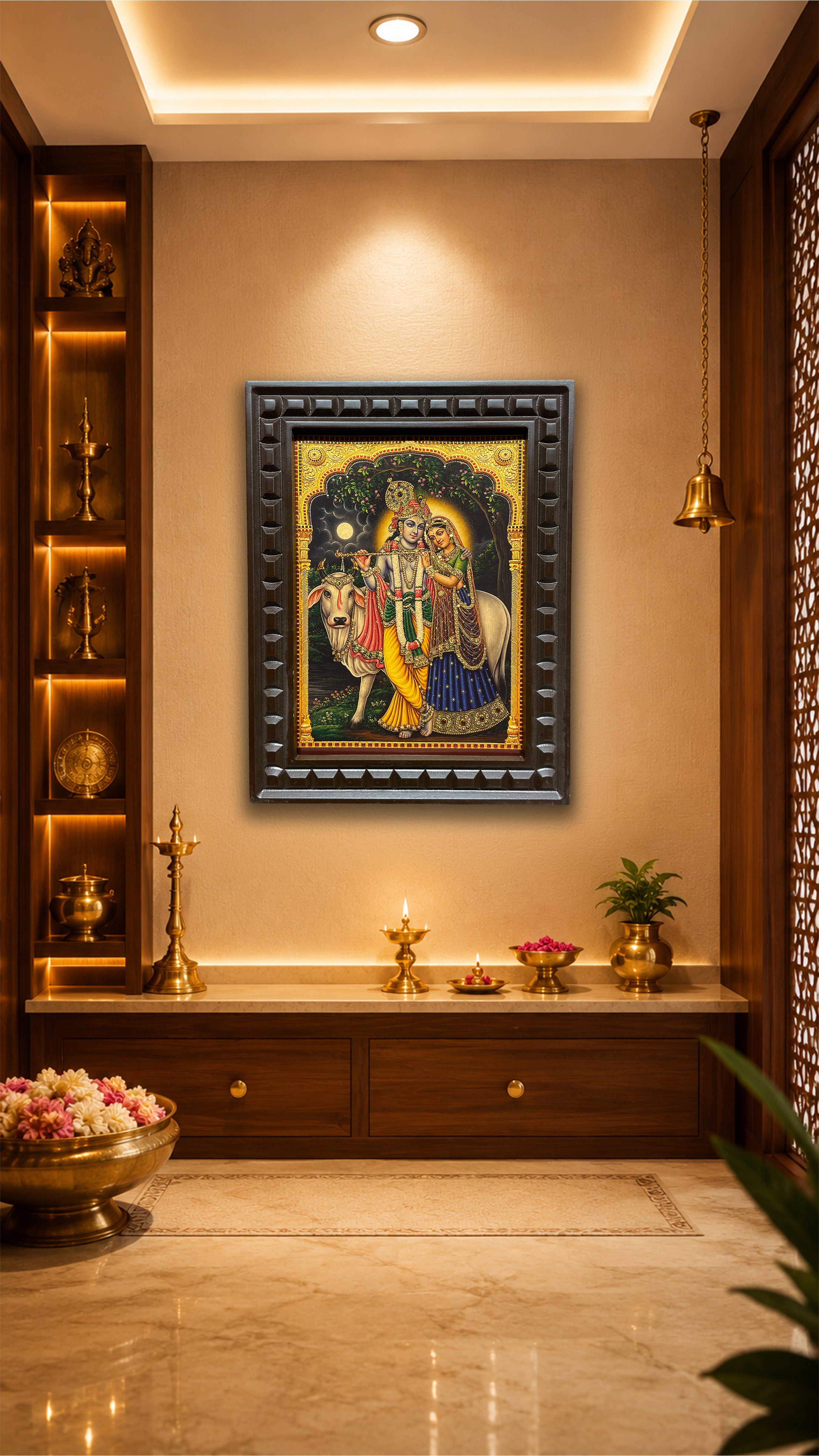 Radha Krishna Gold Leaf Wall Art | Engineered Wood Frame