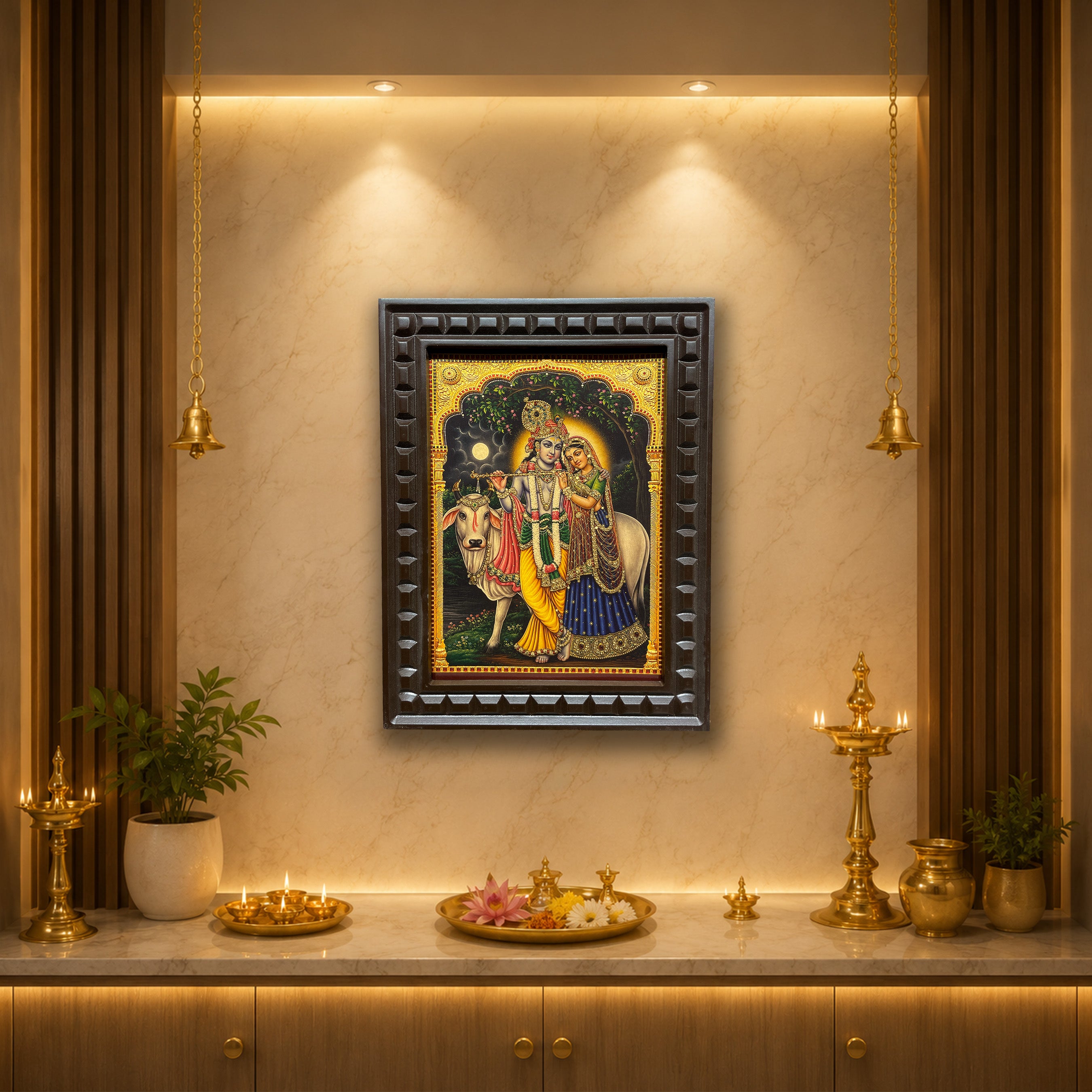 Radha Krishna Gold Leaf Wall Art | Engineered Wood Frame