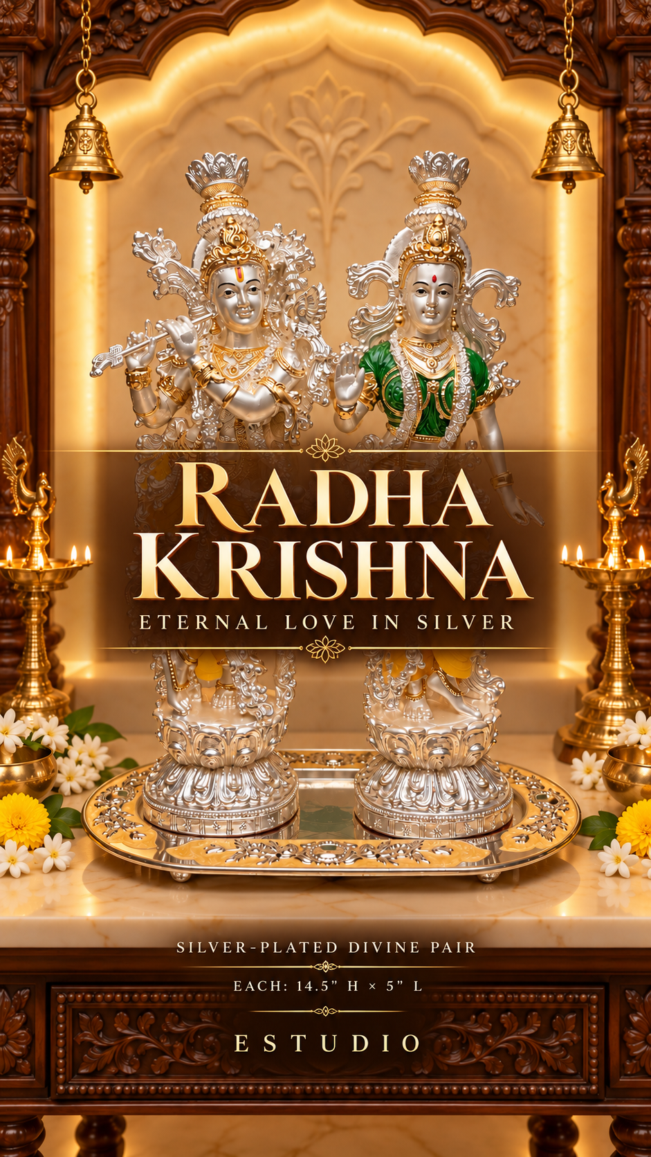 Silver-Plated Radha Krishna Idol Pair, 14.5″ Each | Estudio