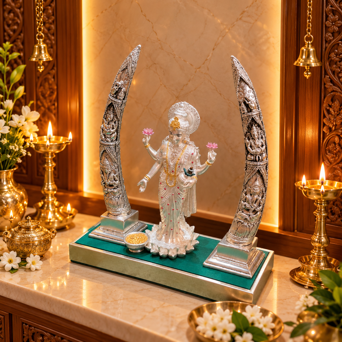 92.5% STERLING SILVER PLATED LAKSHMI DEVI ON LOTUS WITH MUSICAL GANESHA TUSK SET | LUXURY DIVINE DÉCOR BY ESTUDIO