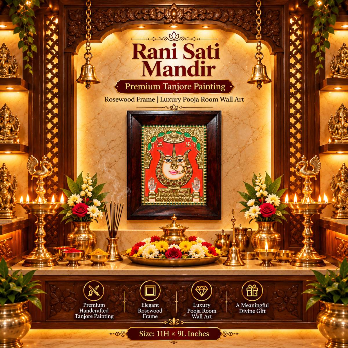 Rani Sati Mandir Premium Tanjore Painting with Rosewood Frame | Luxury Pooja Room Wall Art | Made by Estudio