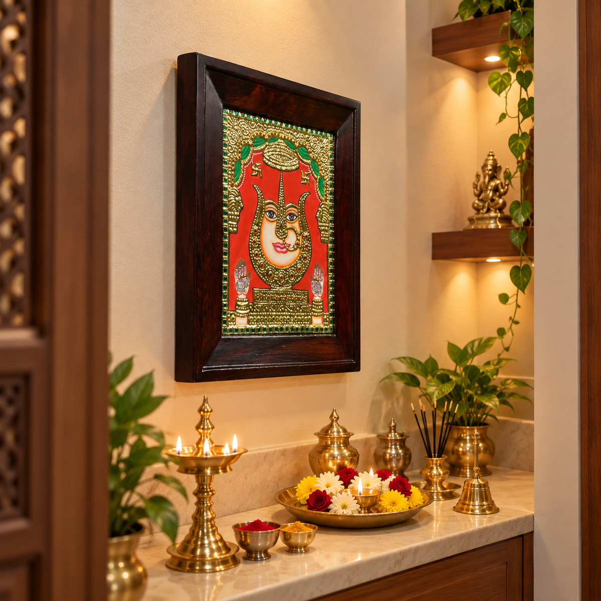 Rani Sati Mandir Premium Tanjore Painting with Rosewood Frame | Luxury Pooja Room Wall Art | Made by Estudio