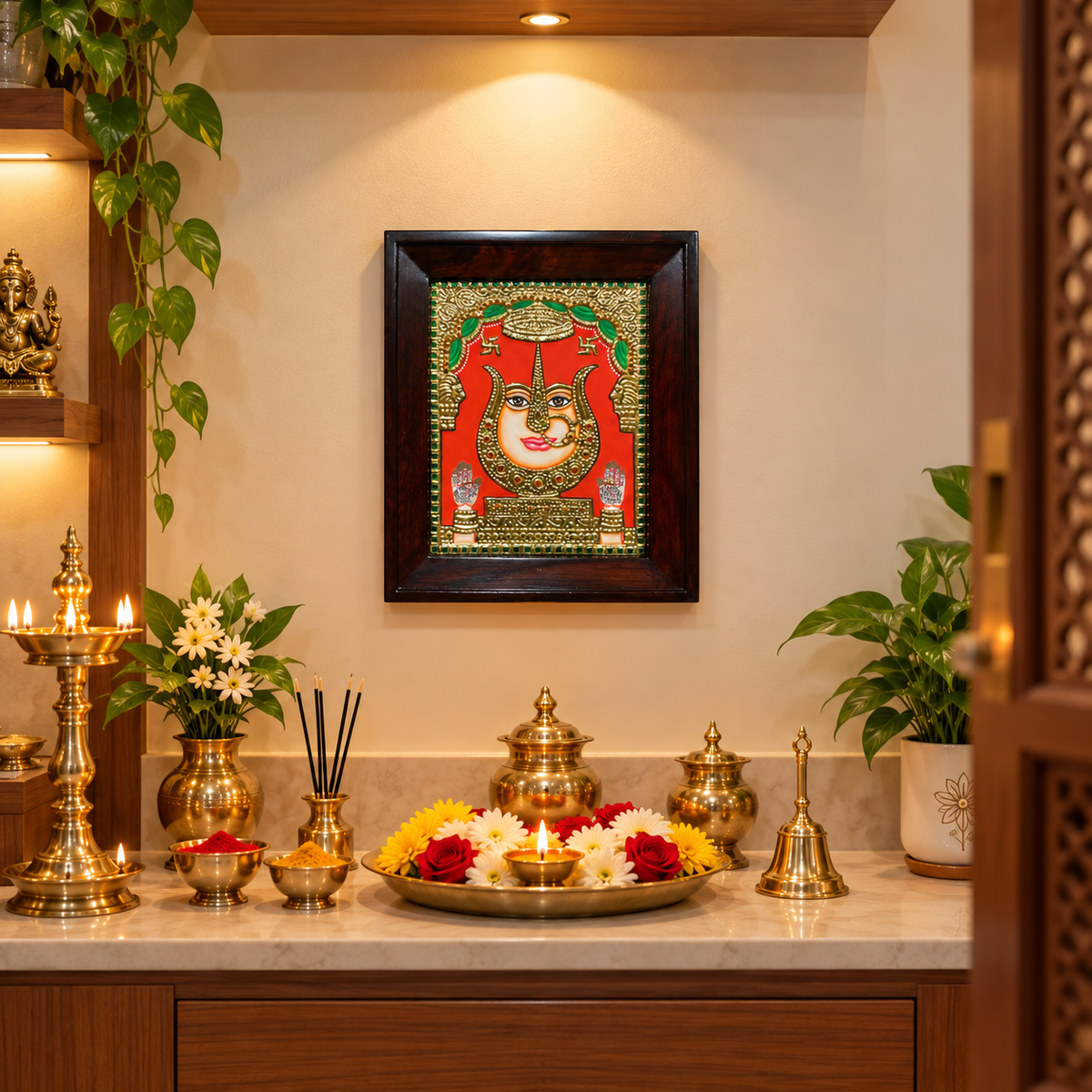 Rani Sati Mandir Premium Tanjore Painting with Rosewood Frame | Luxury Pooja Room Wall Art | Made by Estudio