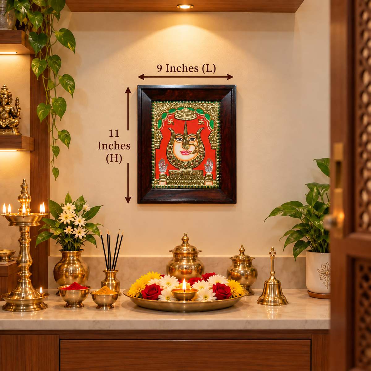Rani Sati Mandir Premium Tanjore Painting with Rosewood Frame | Luxury Pooja Room Wall Art | Made by Estudio