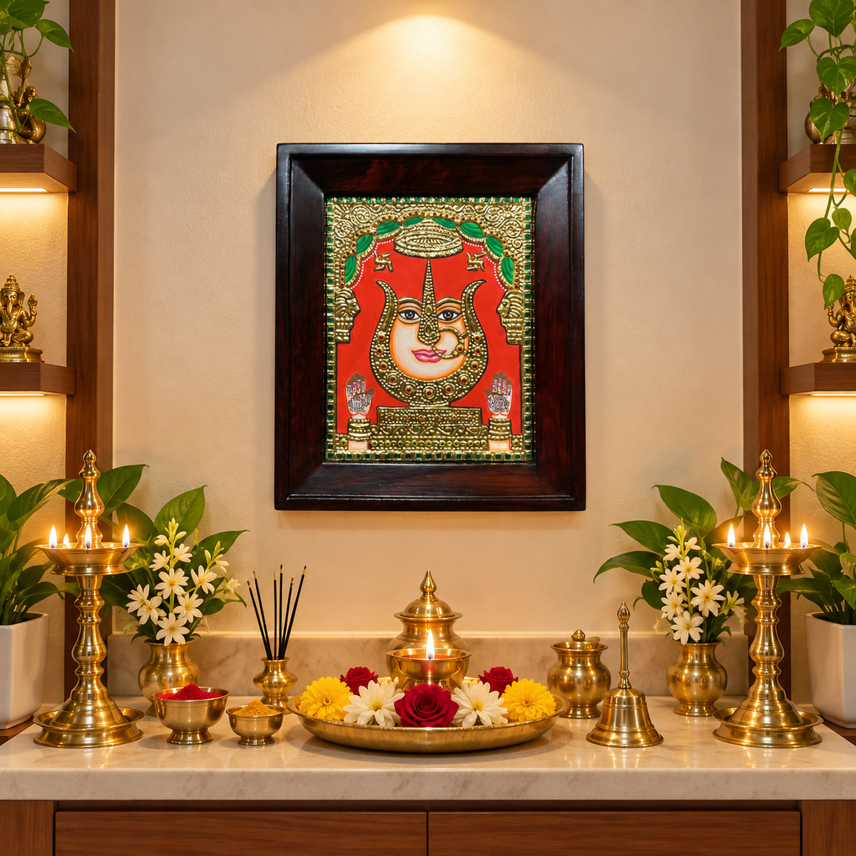 Rani Sati Mandir Premium Tanjore Painting with Rosewood Frame | Luxury Pooja Room Wall Art | Made by Estudio