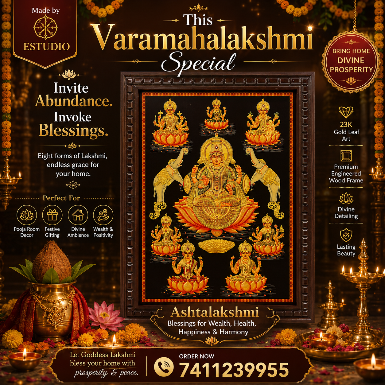 Ashtalakshmi Gold Leafed Art With Wooden Frame.