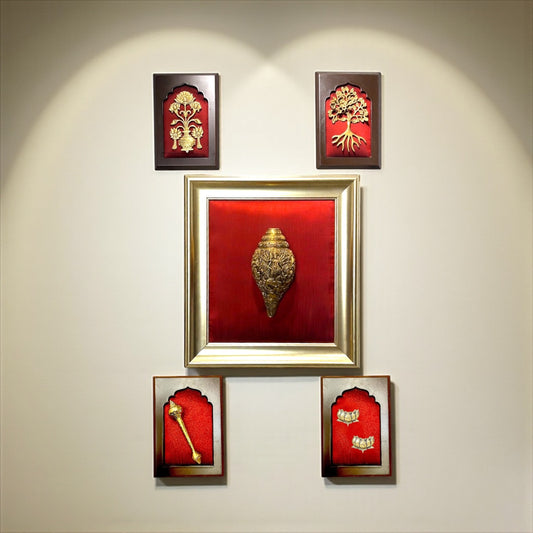 Red Wall Art Set with Maa Tripura Sundari Shankh with Ganesh and Kartikeya Highlight