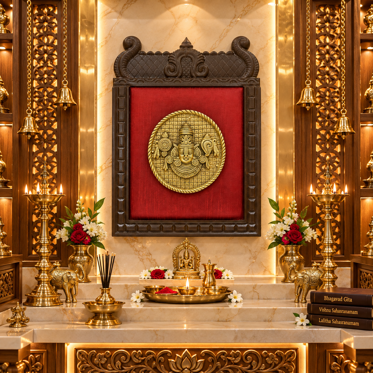 Temple Frame Tirupati Brass & Green Ashta Lakshmi 9 Frame Set | Red Silk Festive Wall Decor | Made by ESTUDIO