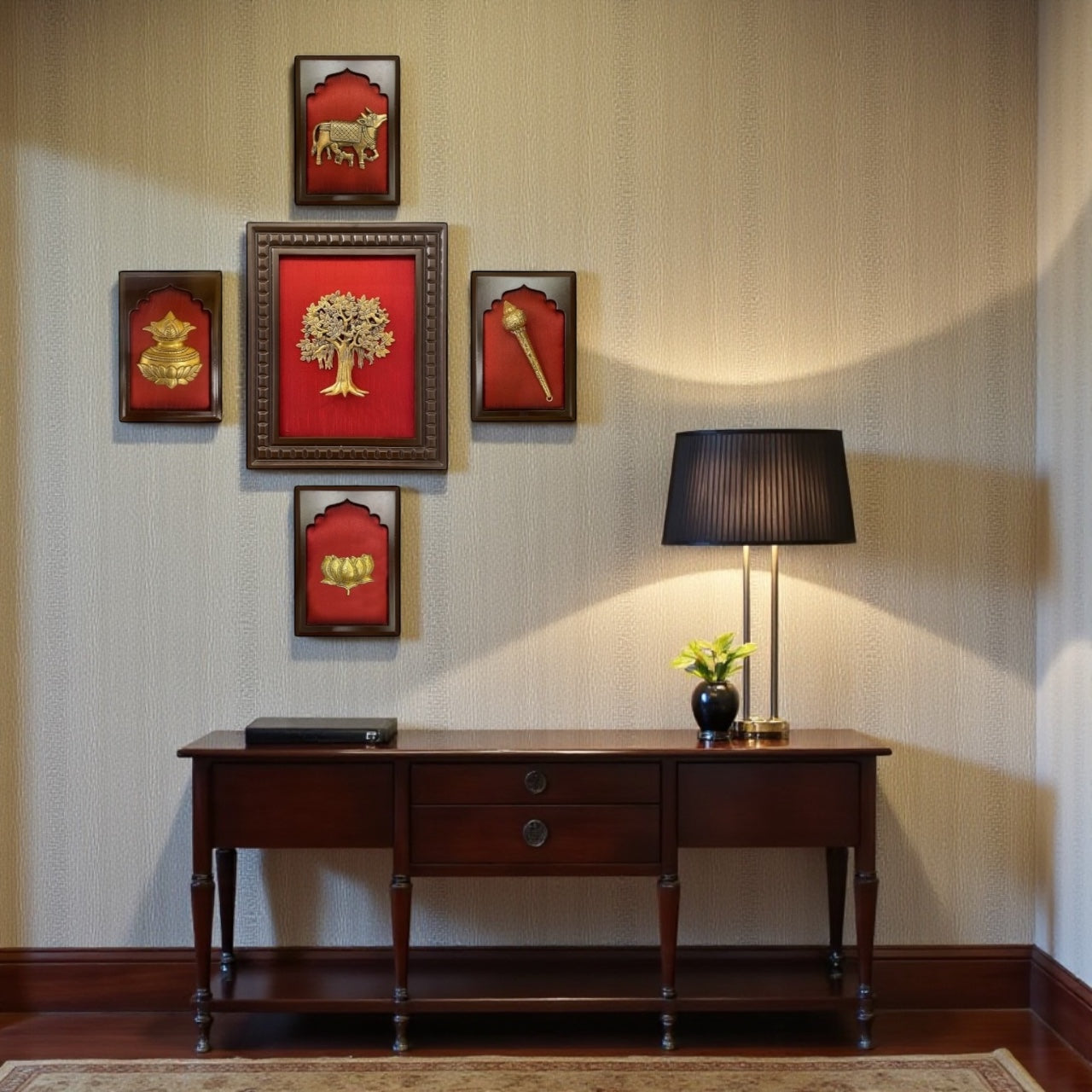 Set Of 5, Red Wall Art Set with Kalapvriksha, Gadha, lotus, kamdhenu, Kuber Kalash