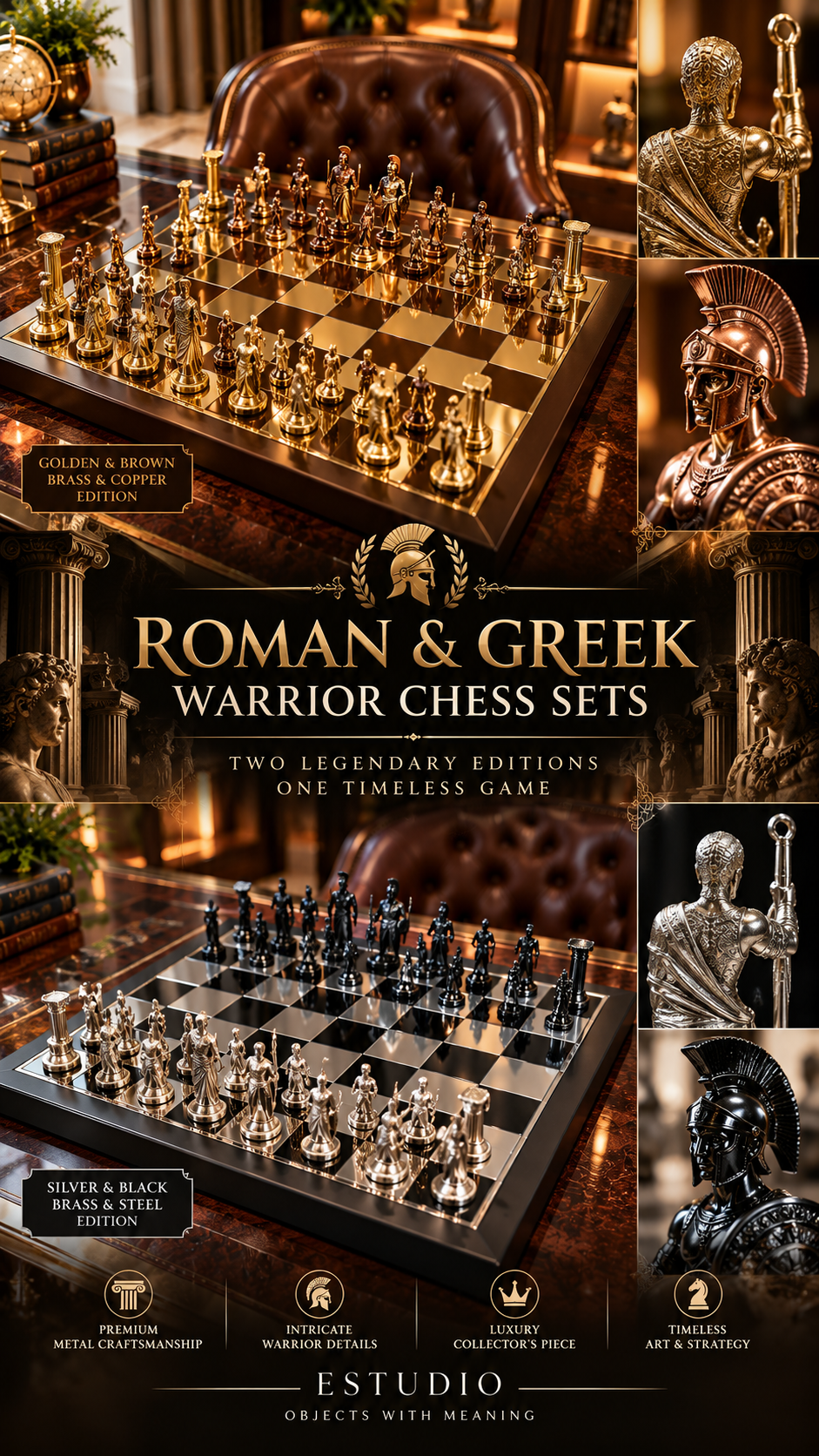 Luxury Roman & Greek Warrior Chess Sets | Golden & Brown and Steel & Black Editions