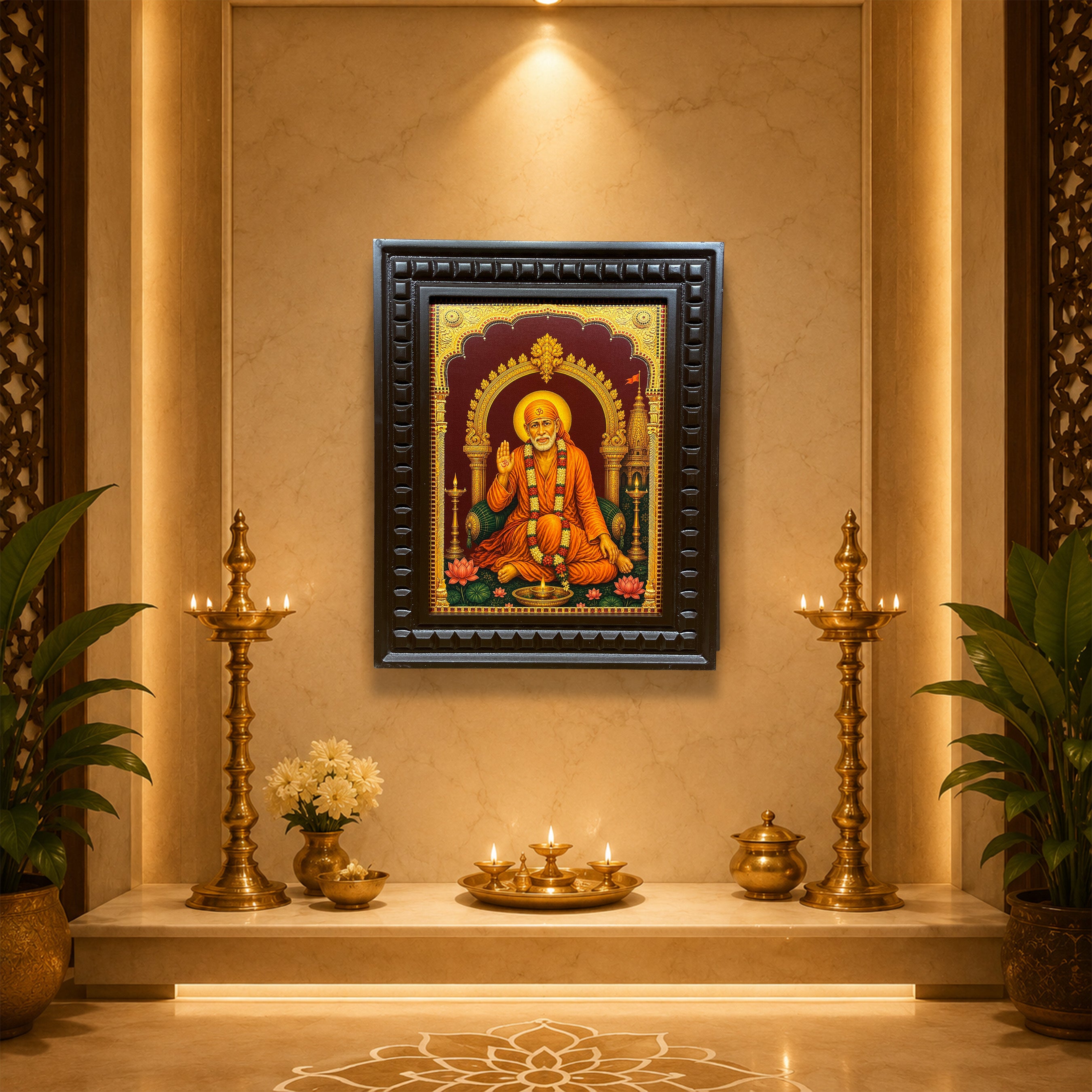Sai Baba Gold Leaf Artwork | Luxury Pooja Room Wall Art