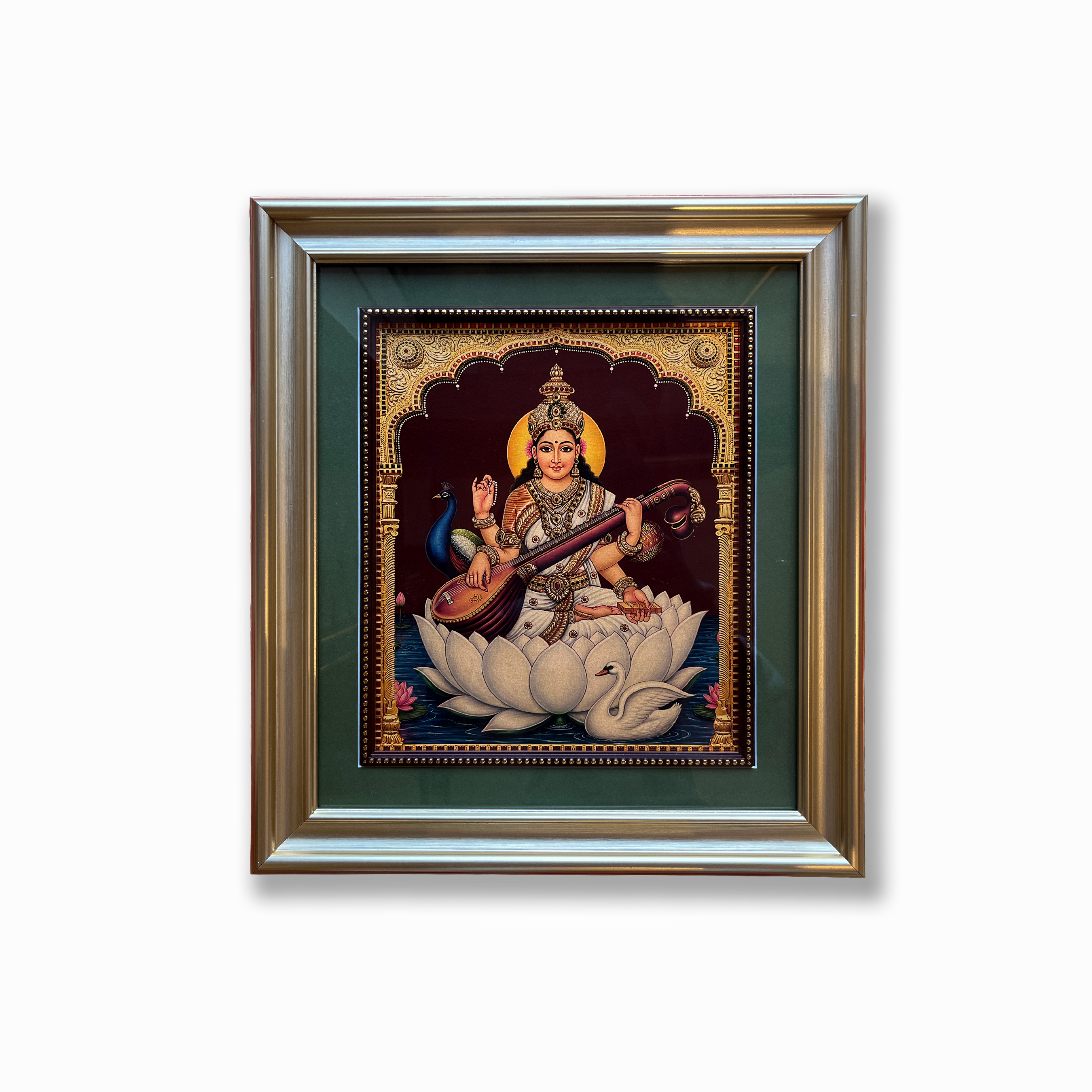 Goddess Saraswathi Gold Leaf Artwork | Luxury Gold Resin Frame with Green Mount & Inner Beading