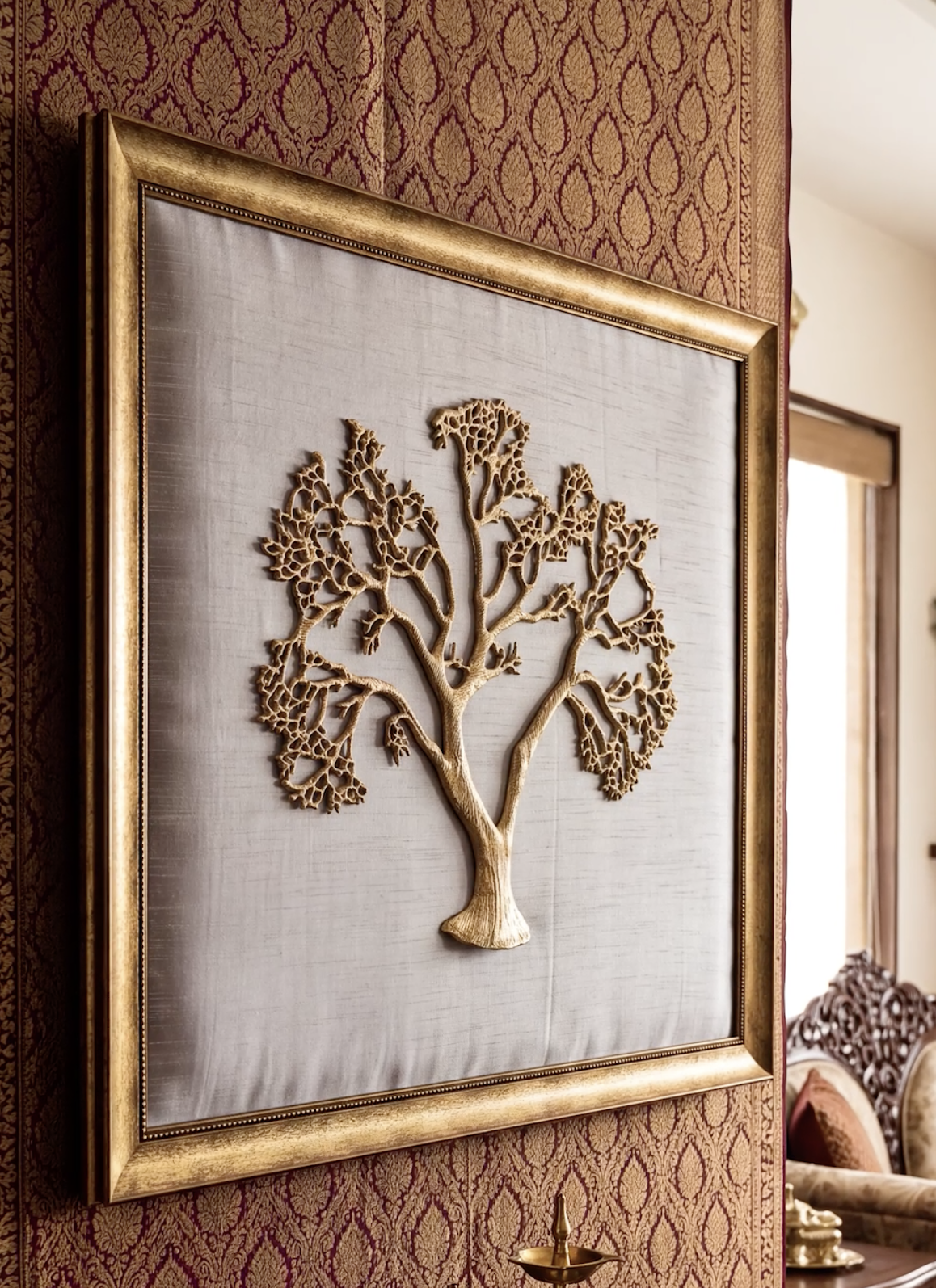 Kalpavriksha Metal Tree Wall Art on Grey Silk Backdrop with Rich Rising Frame | Luxury Home Decor