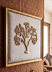 Kalpavriksha Metal Tree Wall Art on Grey Silk Backdrop with Rich Rising Frame | Luxury Home Decor