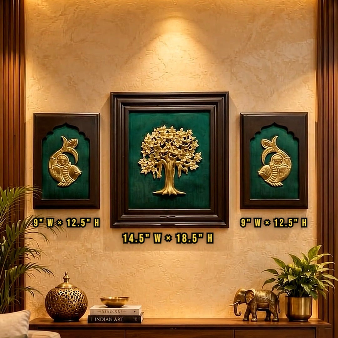 Kalpavriksha & Shubh Labh Brass Wall Art Set of 3