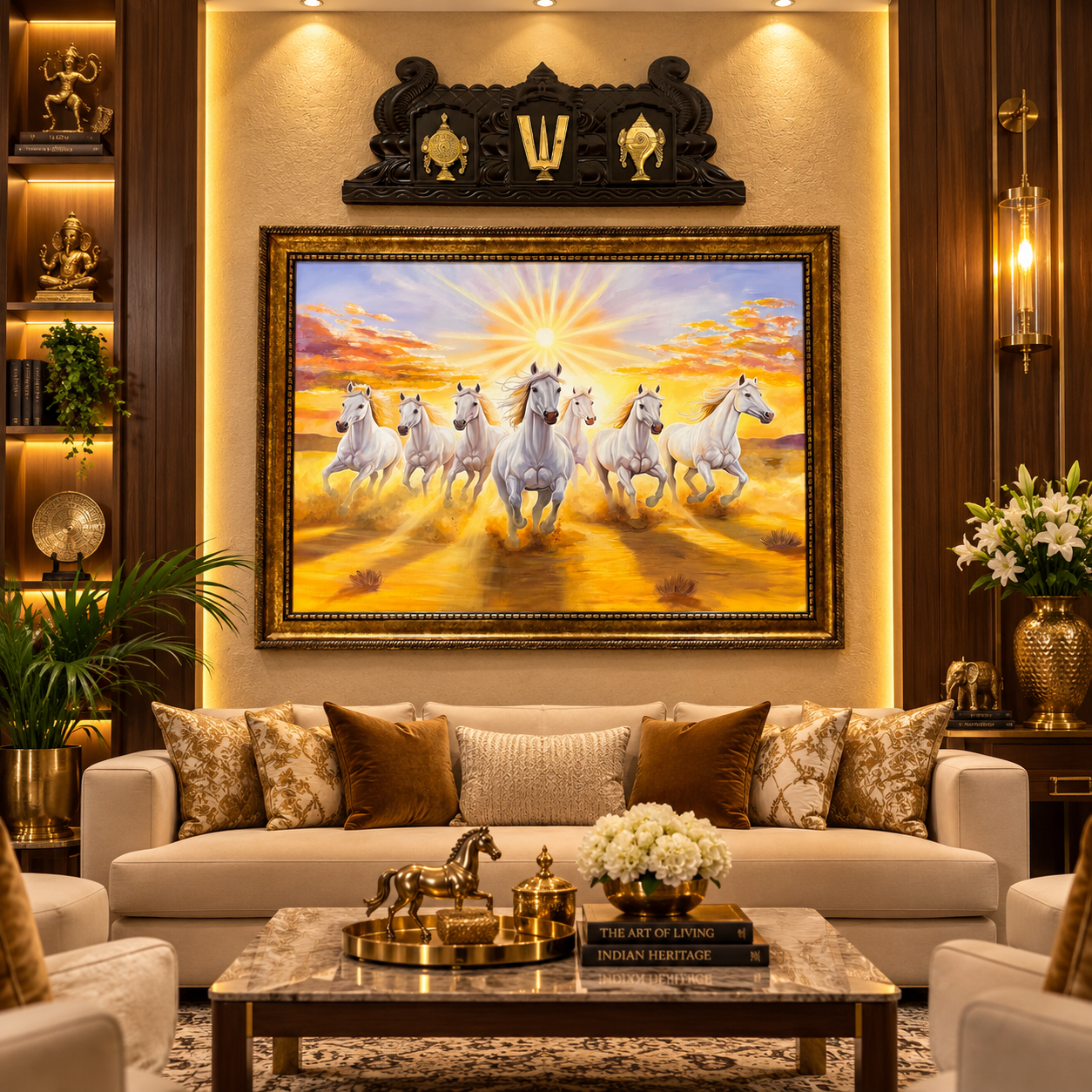 Seven Horses Painting | Hand-Painted Canvas with Moulded Copper Frame | Divine Morning Sunrise – Estudio