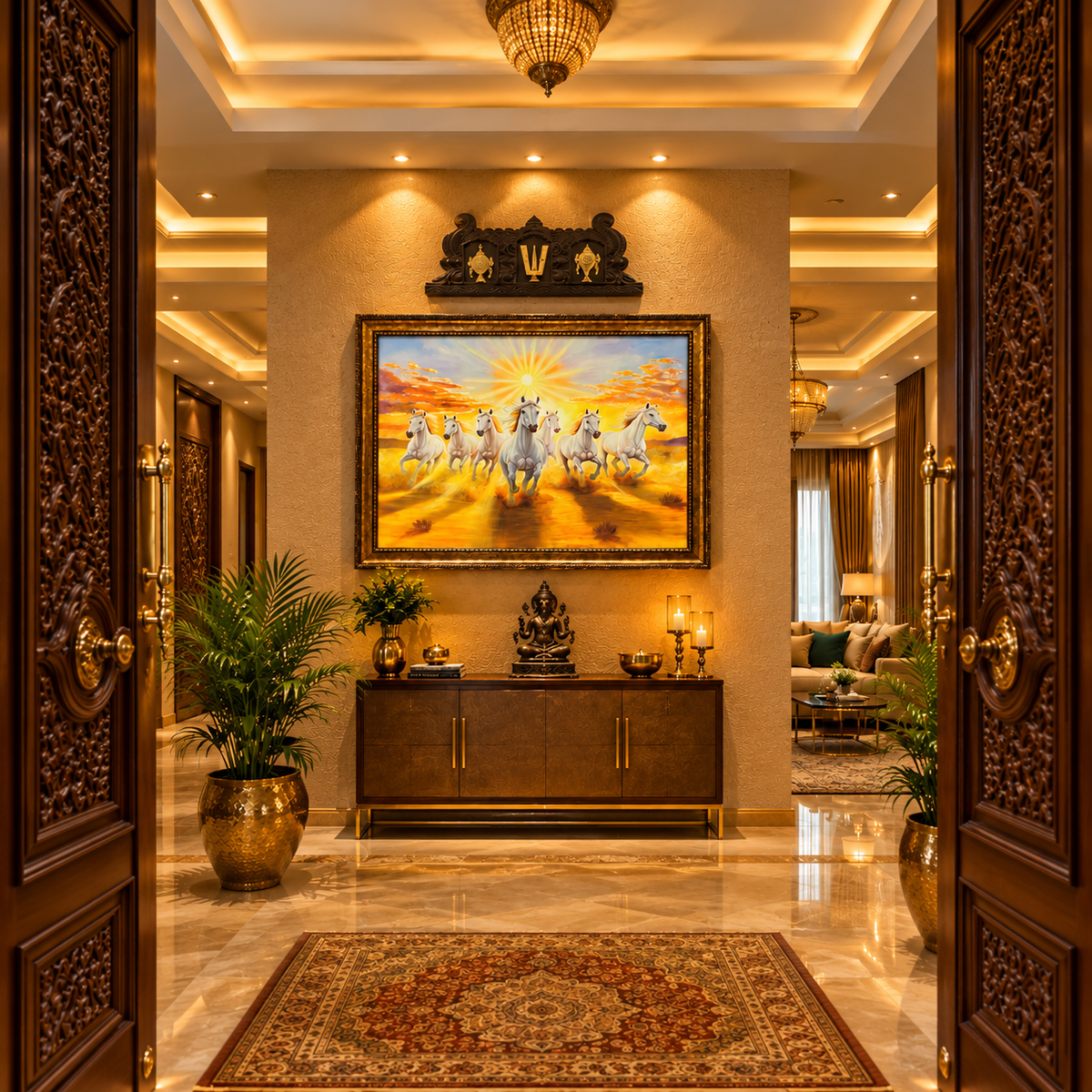 Seven Horses Painting | Hand-Painted Canvas with Moulded Copper Frame | Divine Morning Sunrise – Estudio