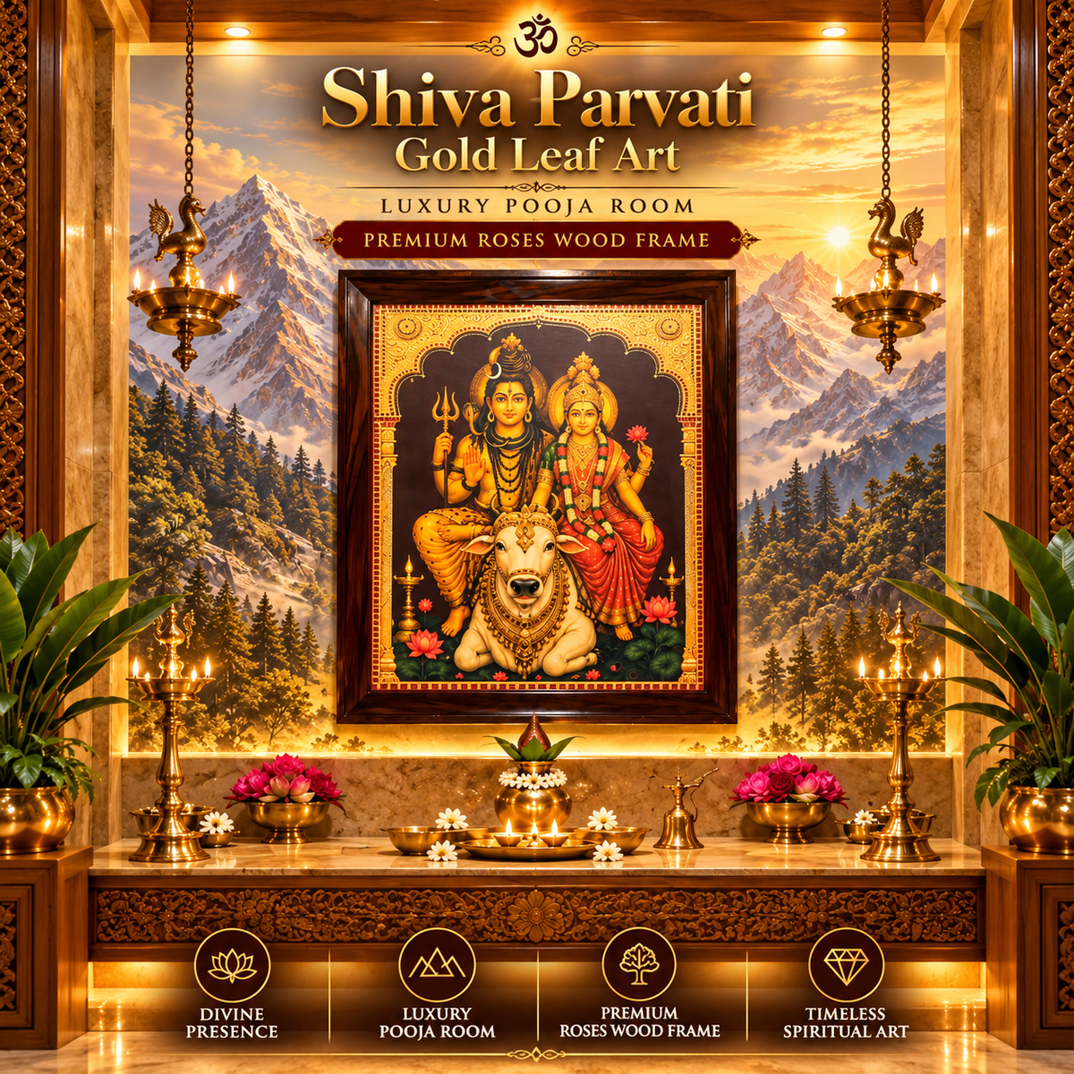 Shiva Parvati Gold Leaf Art with Nandi | Luxury Pooja Room Décor | Premium Rosewood Frame | Made by Estudio