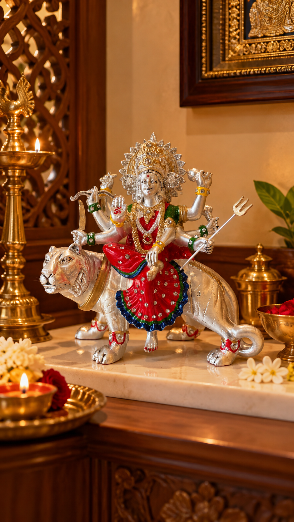92.5 Sterling Silver Plated Durga Matha Idol with Enamel Work