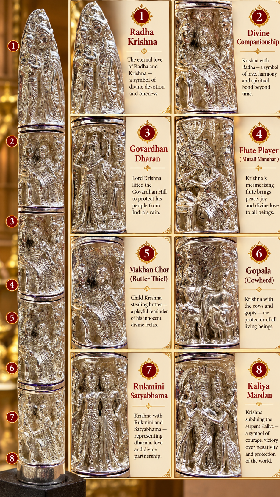 Krishna Leela – 22 Divine Episodes in One Tusk | 92.5 Sterling Silver Plated Luxury Spiritual Art | Estudio