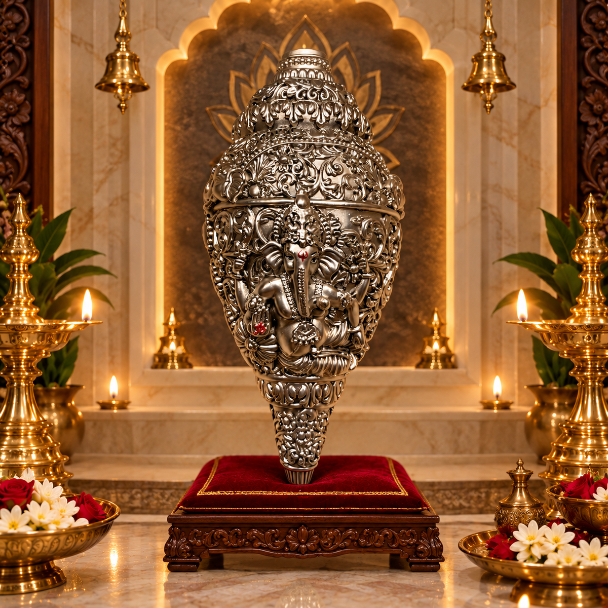 92.5 Sterling Silver Ganesh Shankh | Divine Ganpati Conch Wall Decor | Luxury Spiritual Home Decor by Estudio