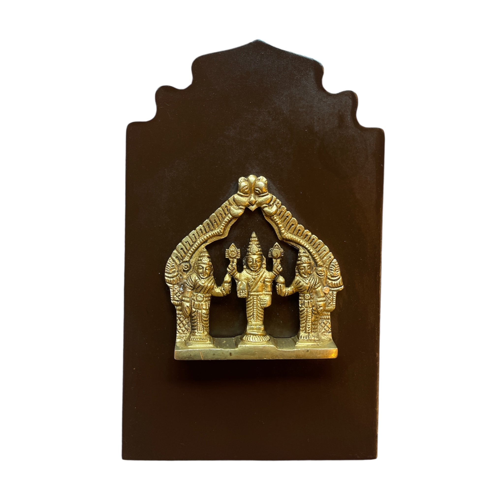 Brass Sree Vishnu with Shridevi & Bhudevi on Wooden Base