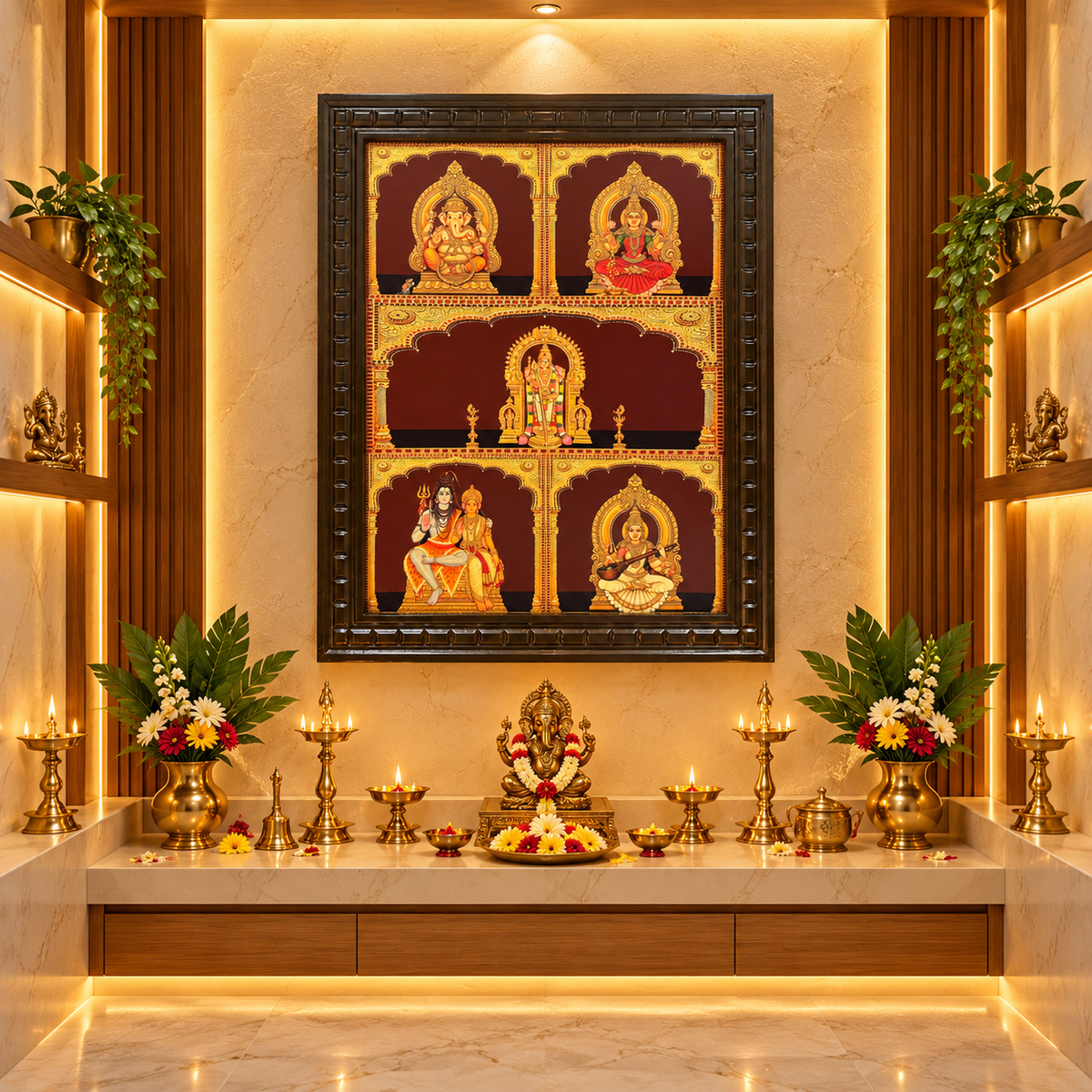 5 GODS IN ONE FRAME – LORD MURUGAN DIVINE GOLD LEAF ART | PREMIUM POOJA ROOM DÉCOR
