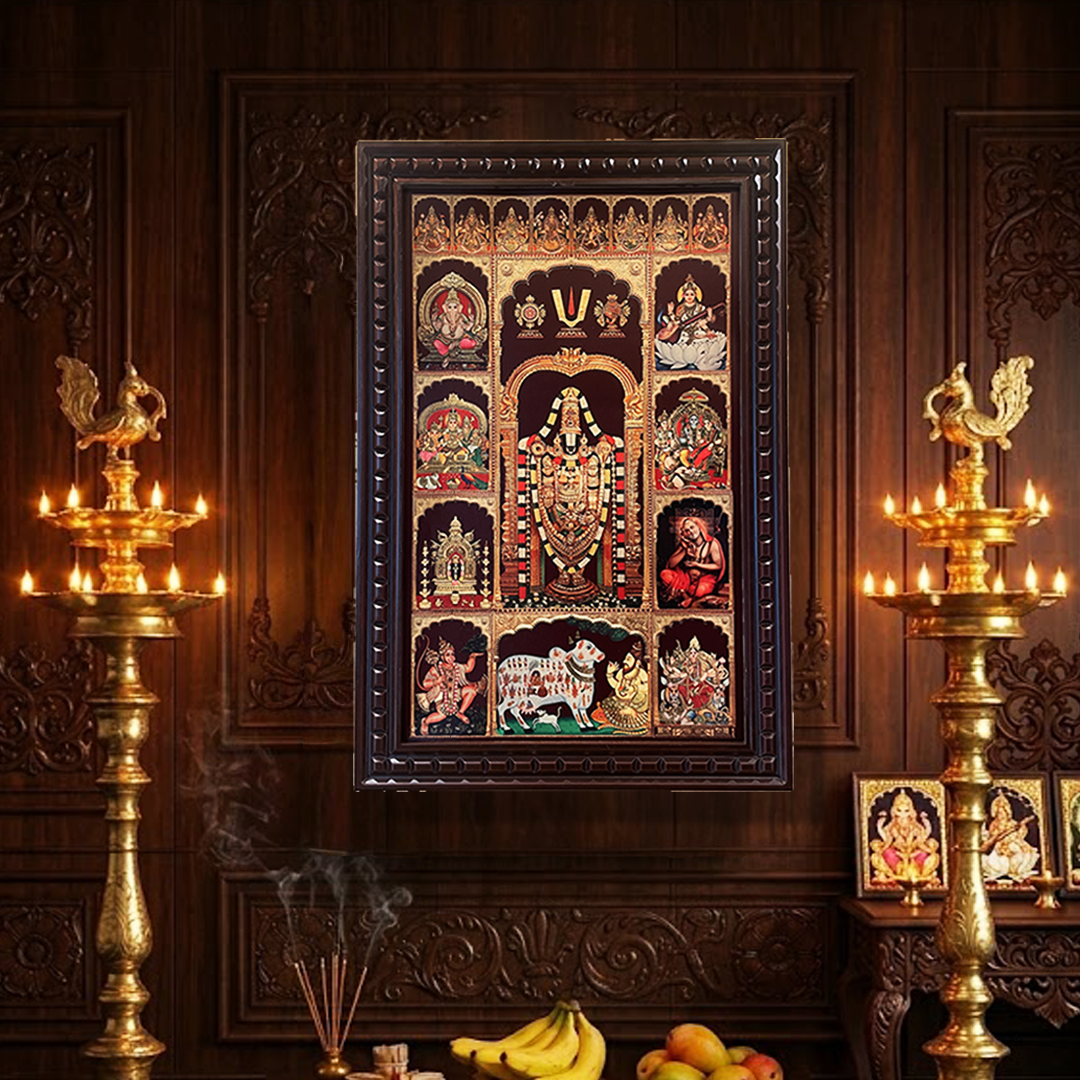 17 Gods in One Frame – Tirupati Balaji Darshan Wall Frame | Premium Wooden Frame | Vastu Spiritual Wall Decor for Home & Pooja Room