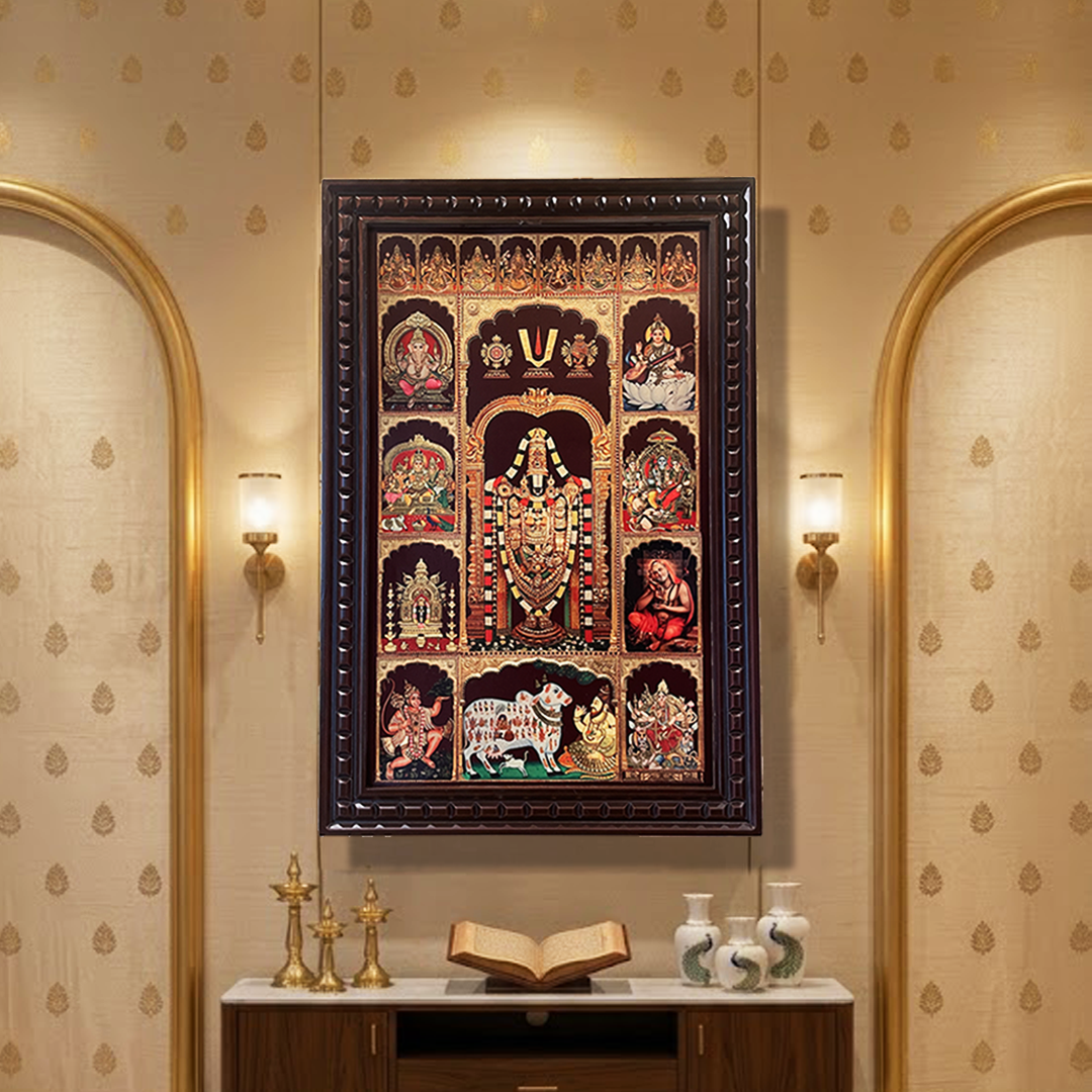 17 Gods in One Frame – Tirupati Balaji Darshan Wall Frame | Premium Wooden Frame | Vastu Spiritual Wall Decor for Home & Pooja Room