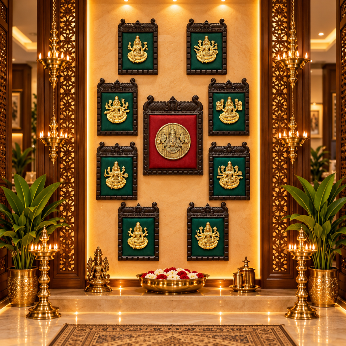 Temple Frame Tirupati Brass & Green Ashta Lakshmi 9 Frame Set | Red Silk Festive Wall Decor | Made by ESTUDIO