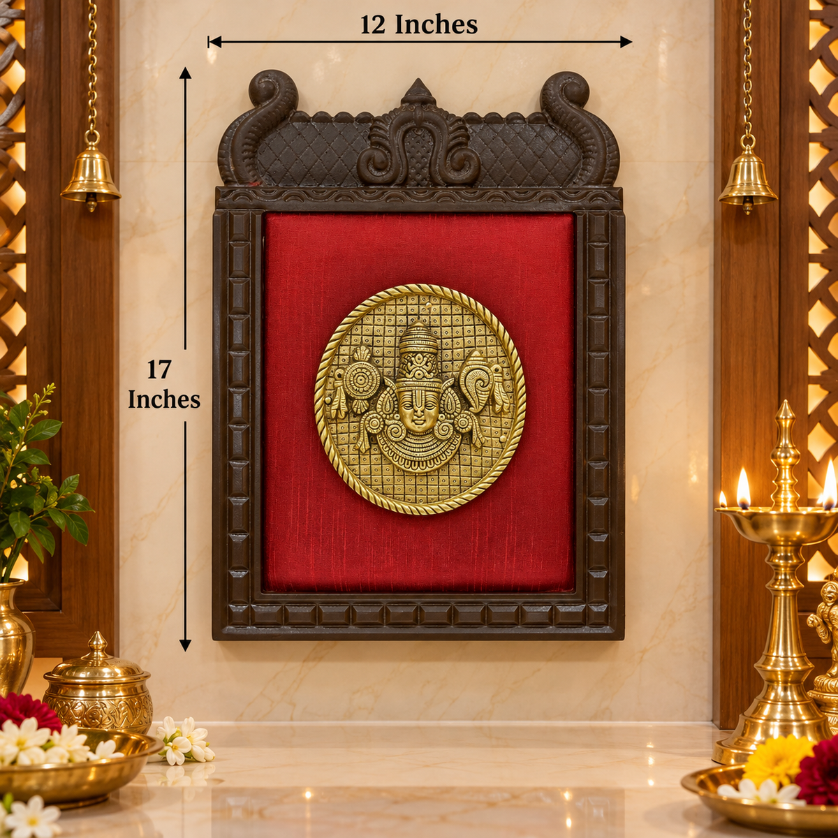 Temple Frame Tirupati Brass & Green Ashta Lakshmi 9 Frame Set | Red Silk Festive Wall Decor | Made by ESTUDIO