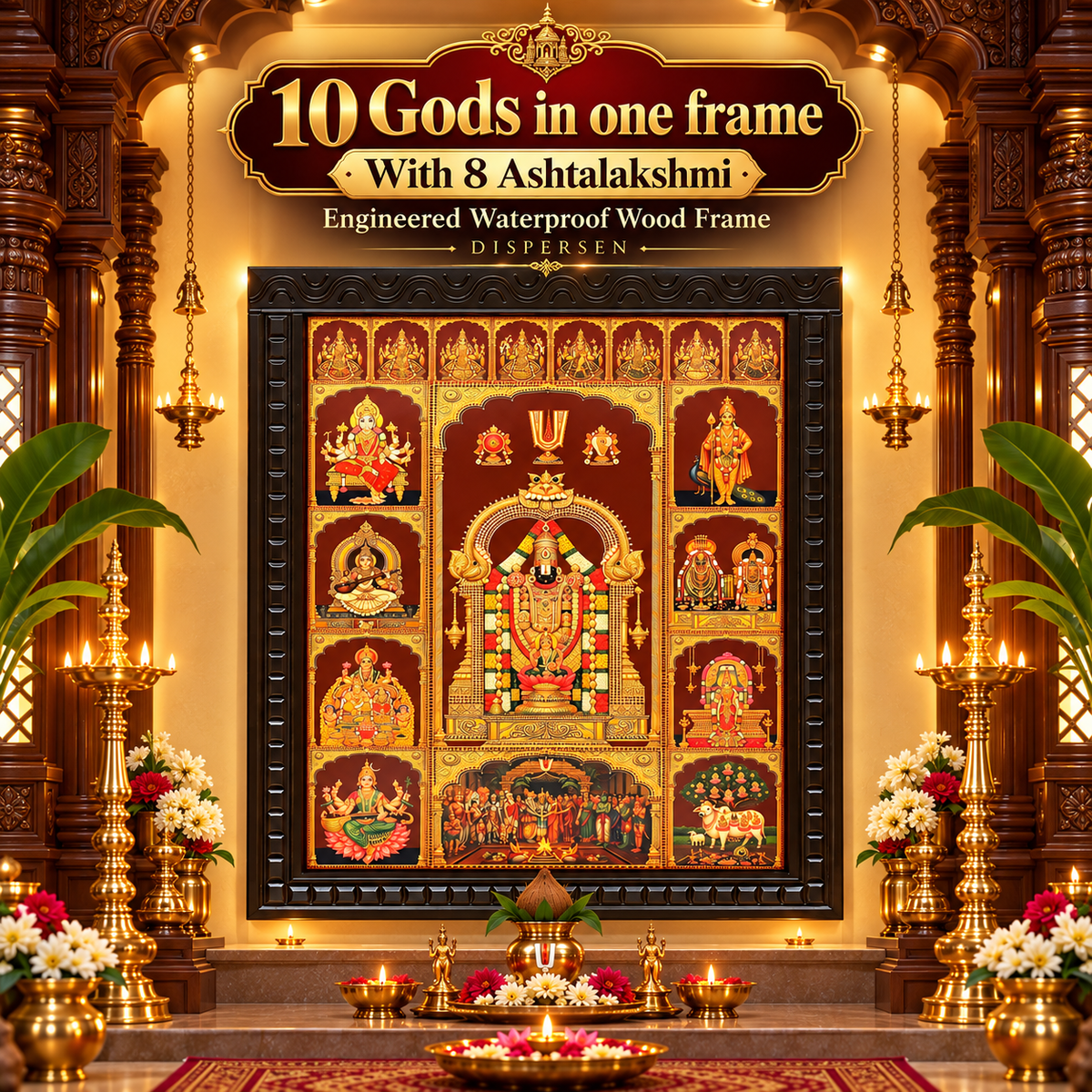 10 Gods in One Frame with 8 Ashtalakshmi | Premium Gold Leaf Art | Engineered Waterproof Wooden Temple Frame | ESTUDIO