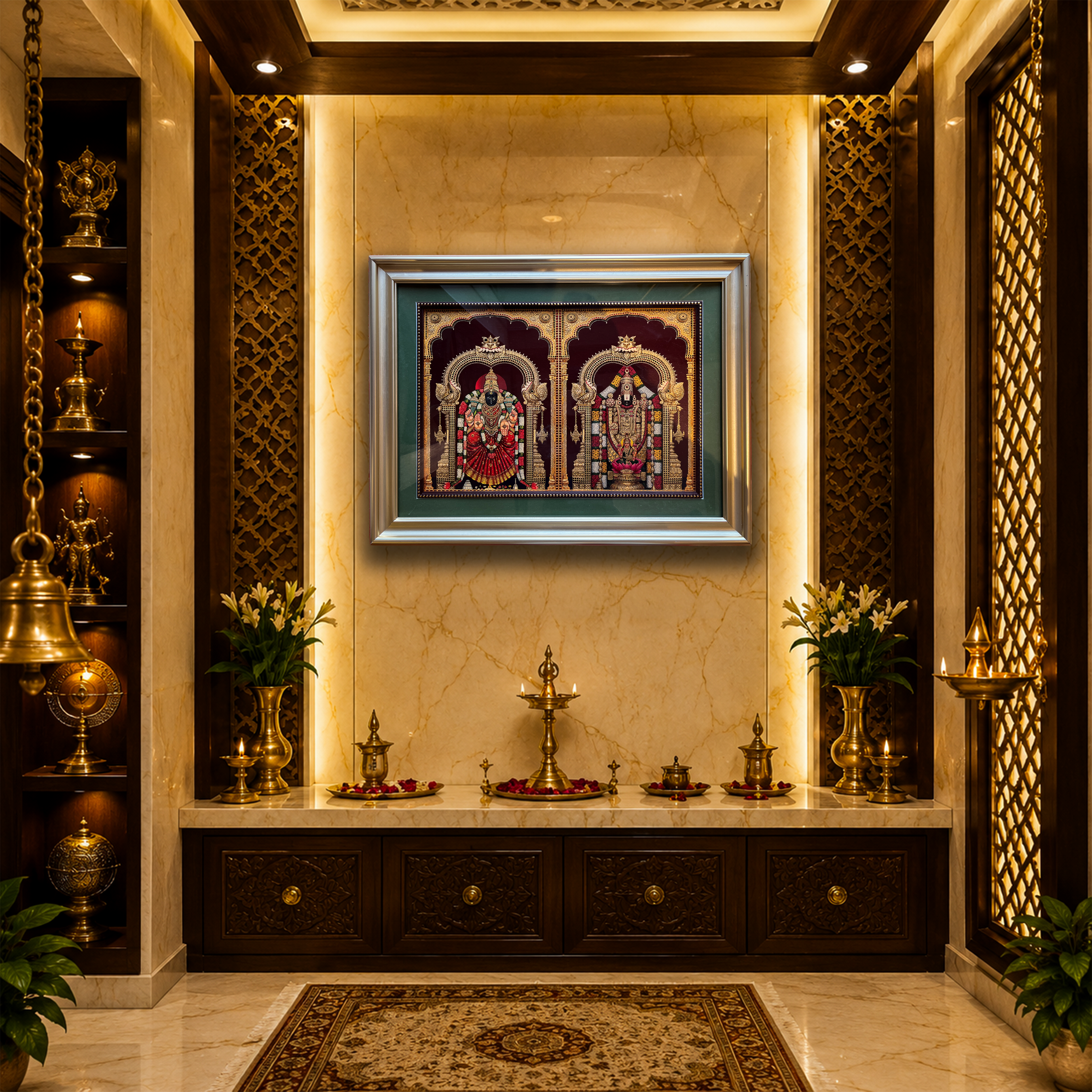 Tirupati Balaji & Padmavati Gold Leaf Artwork | Gold Resin Frame with Green Mount & Inner Beading