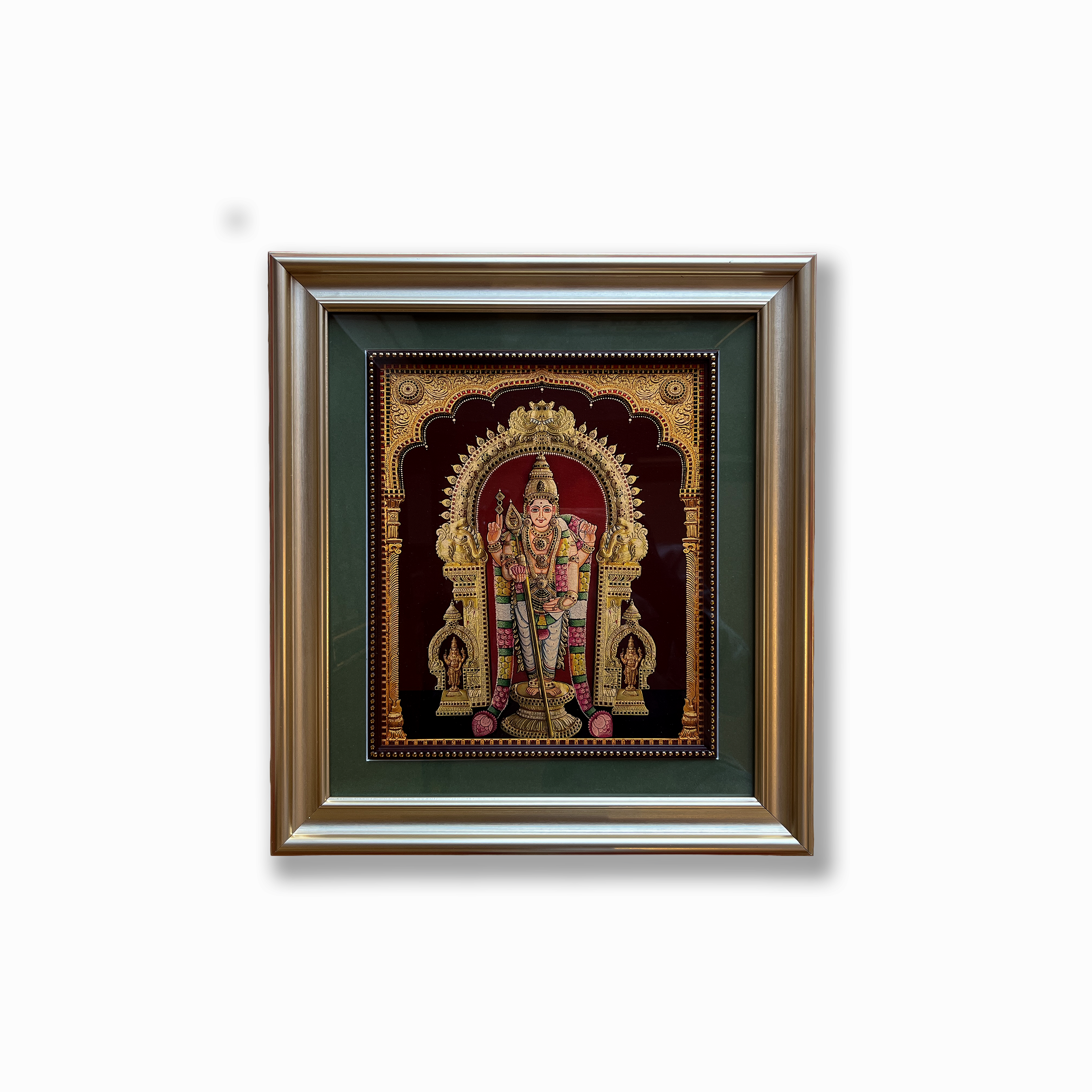 Tiruchendur Murugan Gold Leaf Artwork | Luxury Gold Resin Frame with Green Mount & Inner Beading
