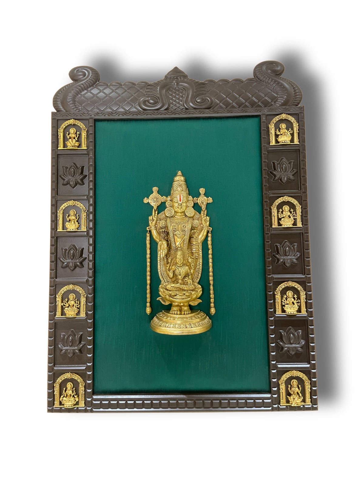 Tirupati Balaji Brass Luxury Pooja Wall Art with 8 Ashtalakshmi | Green Silk Temple Frame | Made by Estudio